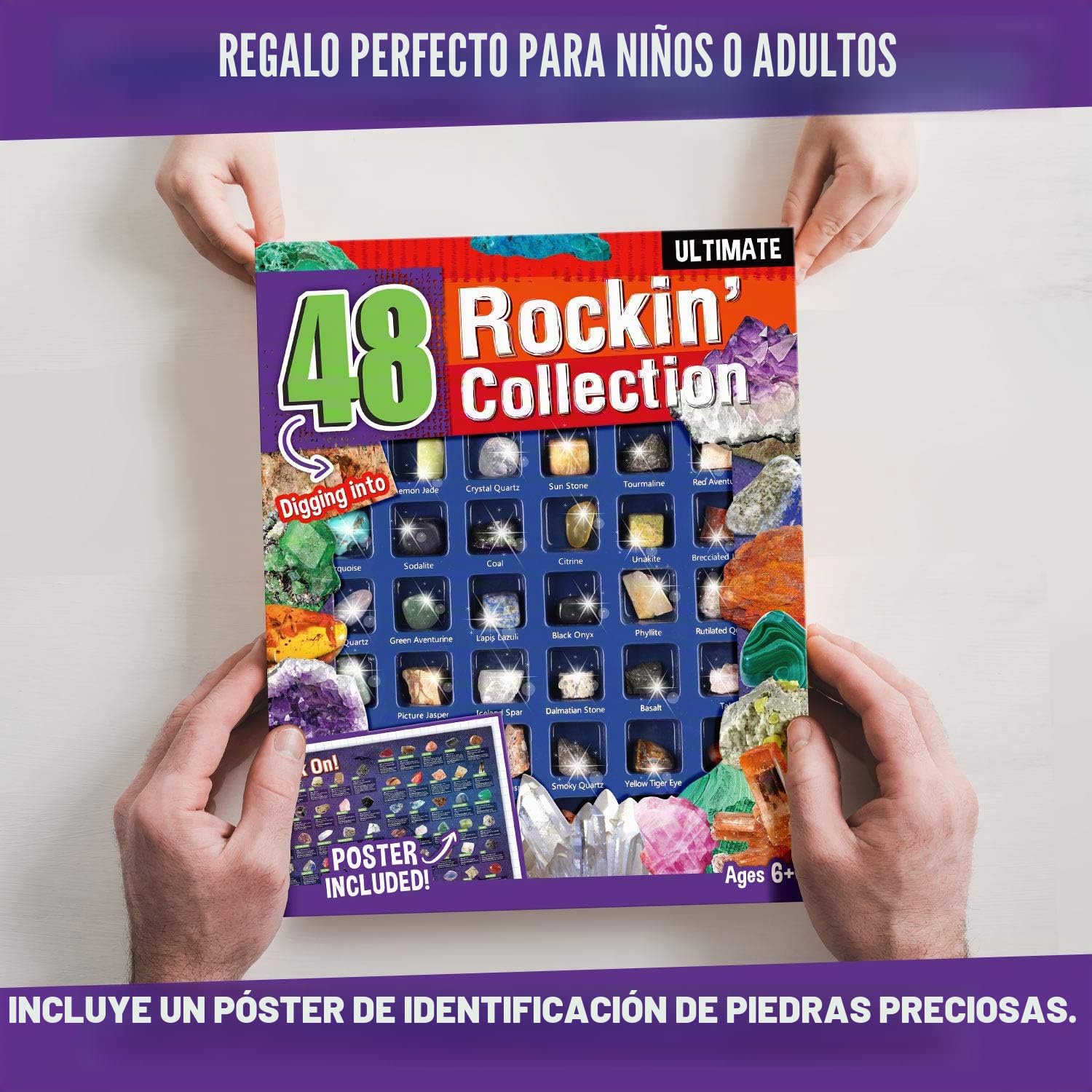 Byncceh 48 Set de Piedras Preciosas Naturales, Minerales de Roca para Niños, Regalo de educación científica, Fiesta de cumpleaños en el Aula