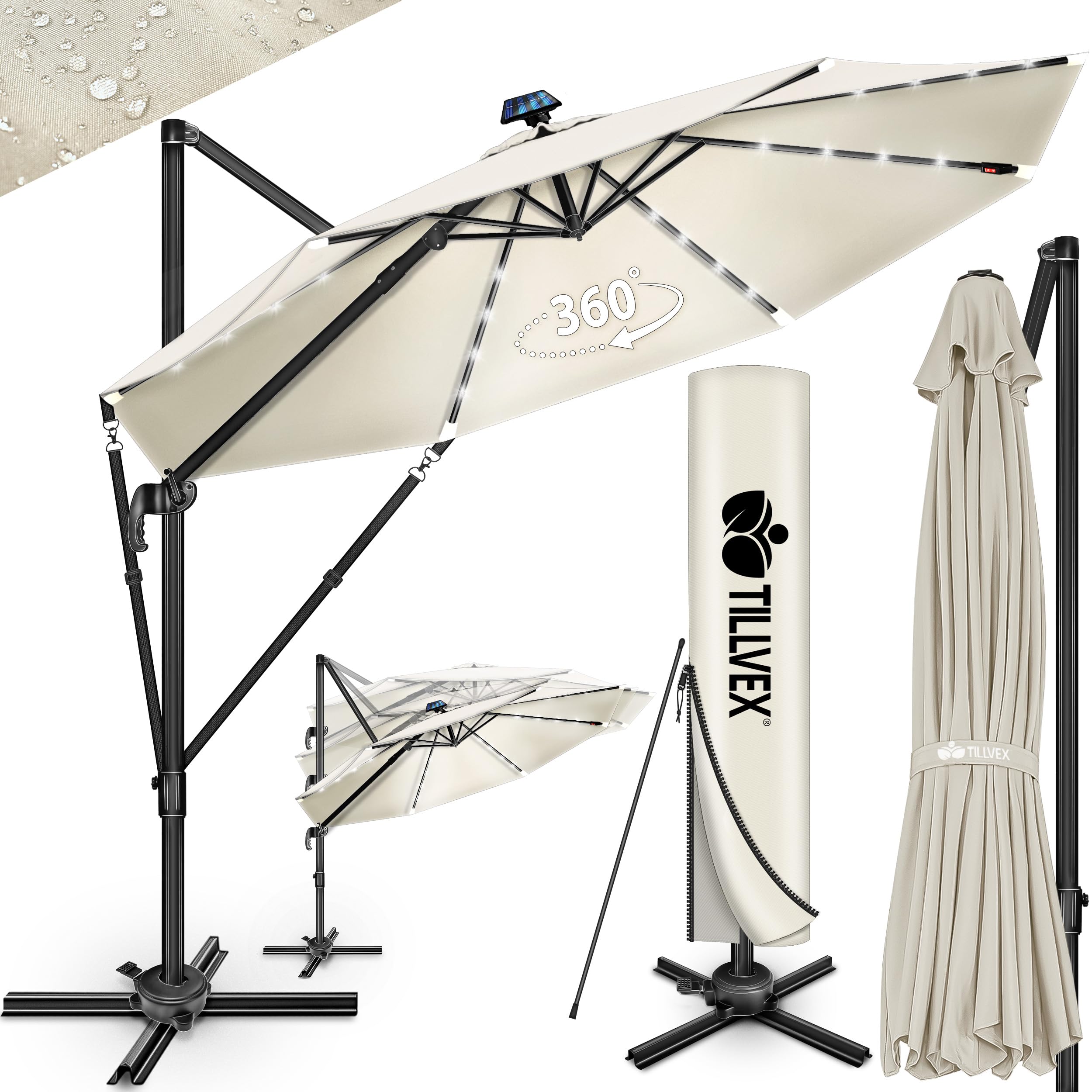 tillvex® Sombrilla Premium 330cm con manivela, cubierta y protección contra el viento, 6 posiciones ajustable con manivela, Parasol de jardín giratoria 360° & inclinable