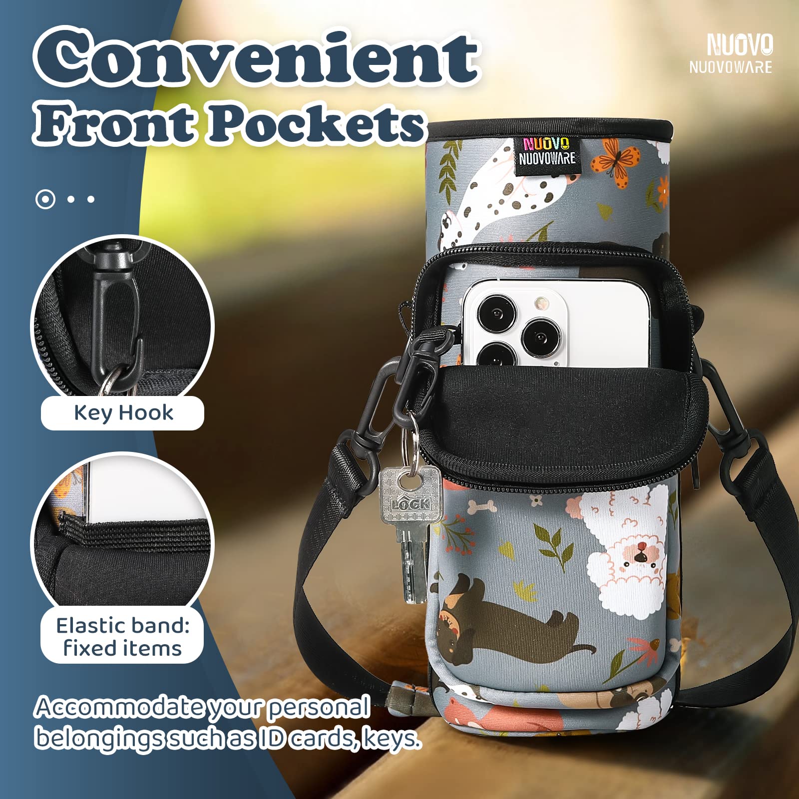 Nuovoware Water Bottle Carrier Bag, 25oz/32oz Bottle Pouch Holder, Adjustable Shoulder Hand Strap 2 Pocket Sling Neoprene Sleeve Sports Accessories for Hiking Travelling Camp, Gray Puppy