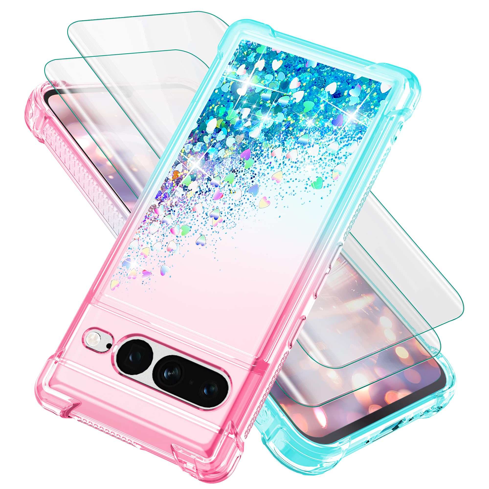 for Google Pixel 7 Pro Case with Screen Protector*2, Clear Liquid Sparkle Glitter Floating Quicksand Phone Case, Soft TPU Bumper Shockproof Protective