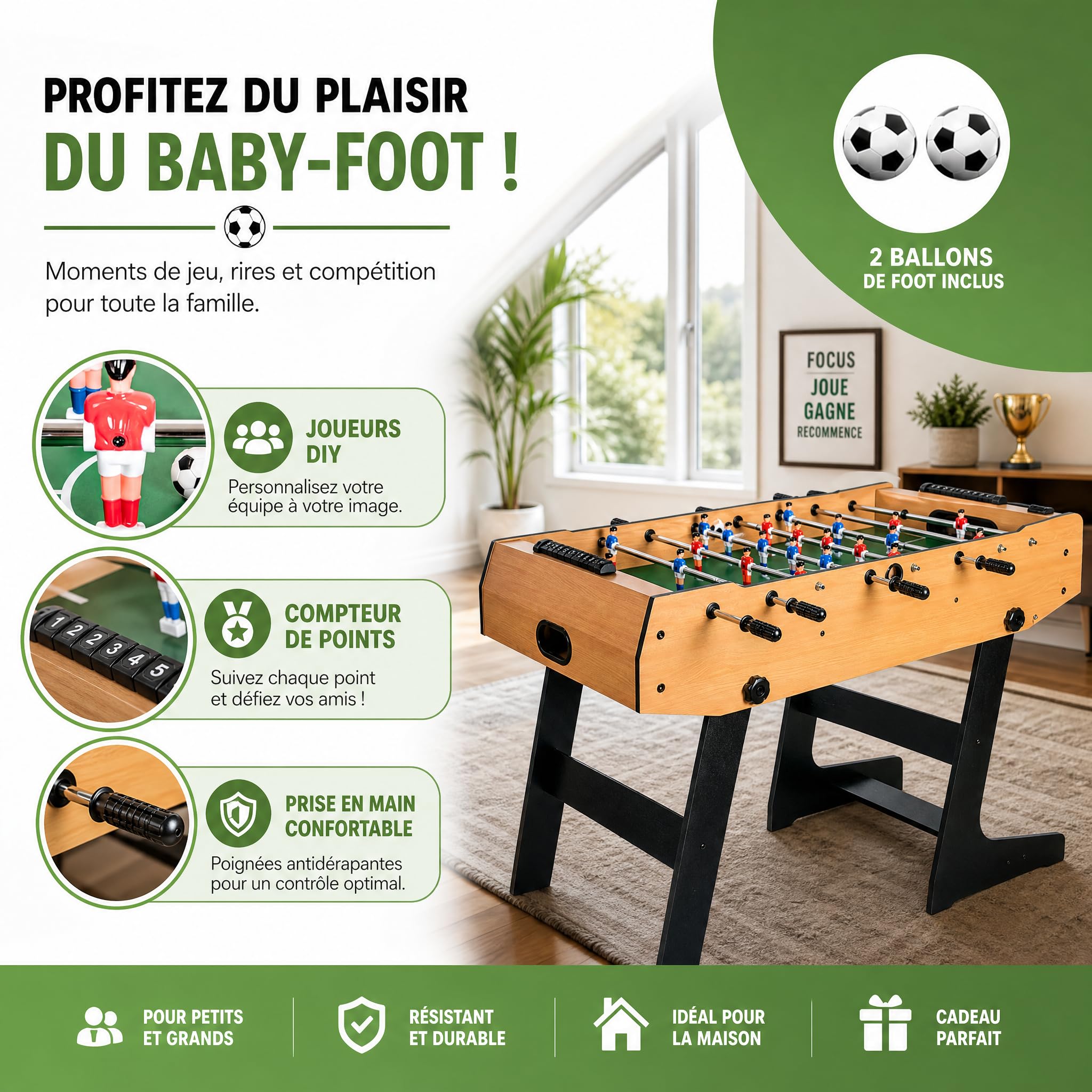 HLC Table de Babyfoot Pliable sur Pied 121 * 61 * 81cm,Jeu de Baby Foot idéal pour Les fêtes, Les Bars, Les familles, Le Cadeau Parfait pour Adultes et Enfants.