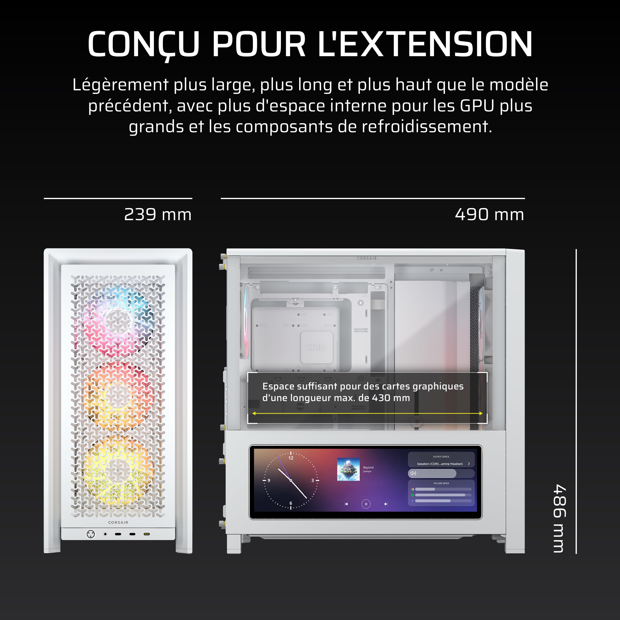 CORSAIR Frame 4000D LCD RS ARGB Boîtier PC – Écran Tactile LCD XENEON Edge 14,5 Pouces, Système InfiniRail, 4 Ventilateurs RS120 ARGB – Prend en Charge Les Cartes Mères à Connecteur Inversé – Blanc