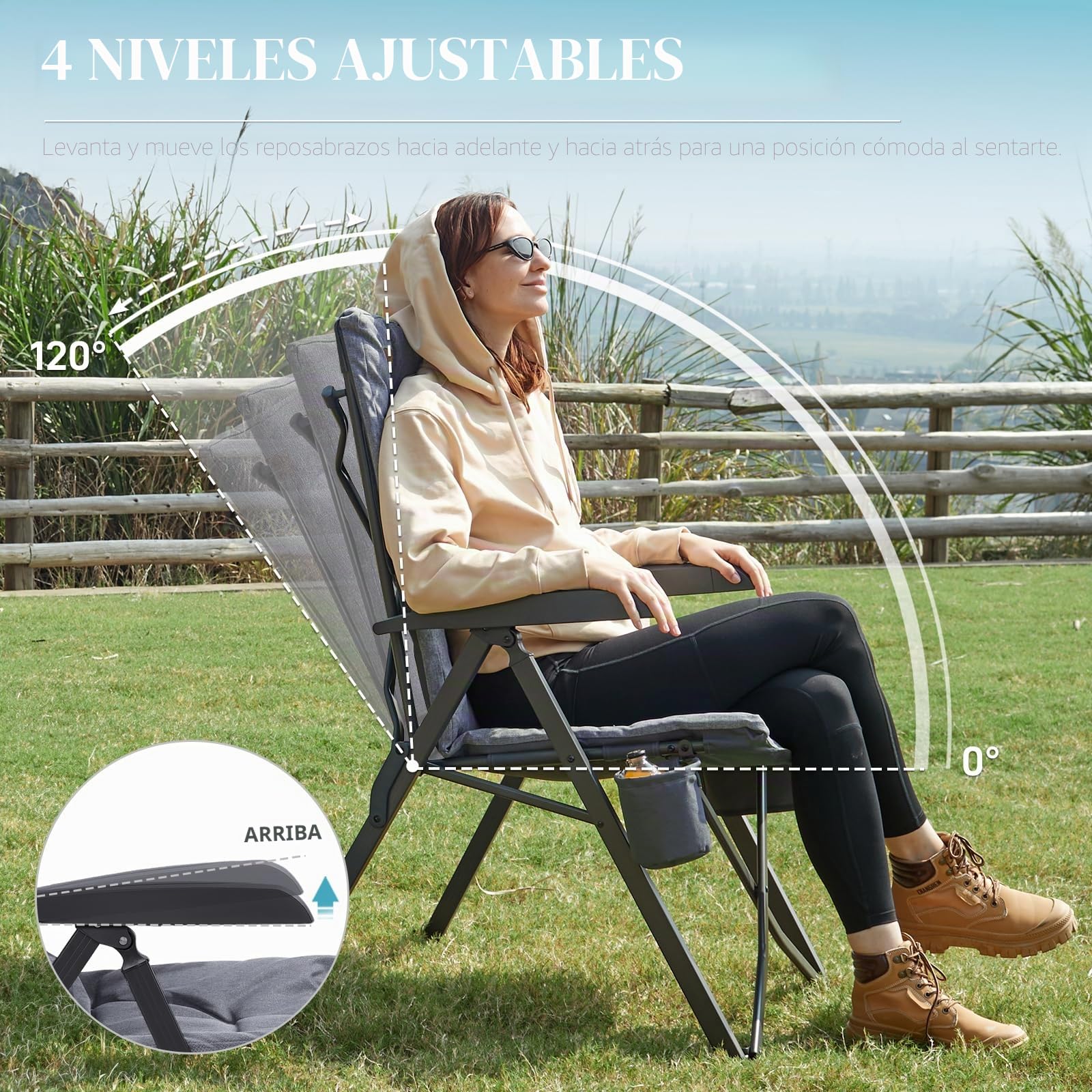 EVER ADVANCED Silla de camping plegable con respaldo ajustable en 4 posiciones hasta 150 KG Silla plegable 6 cm de grosor acolchada con bolsillo lateral y soporte para bebidas Silla de jardín con