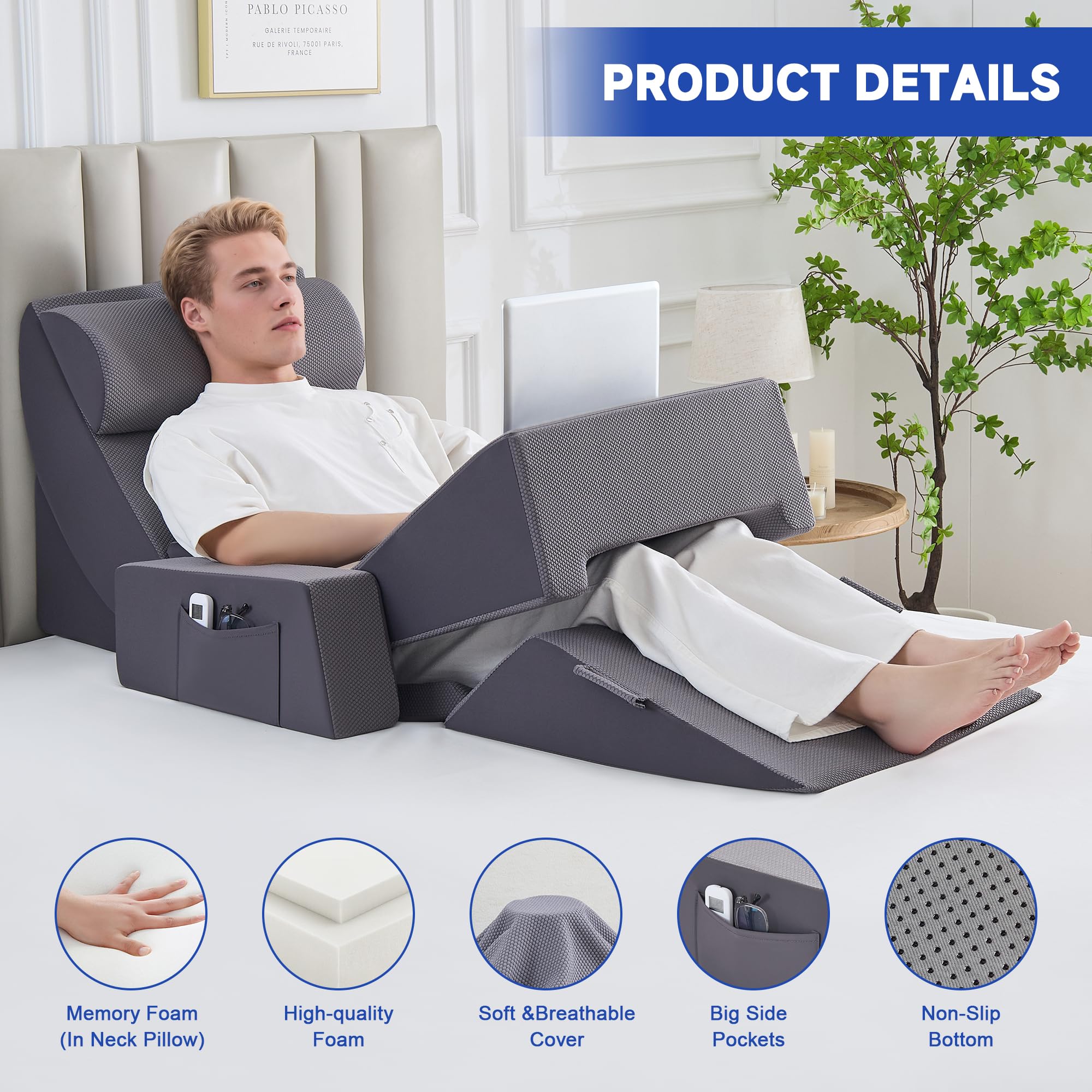 Set di 9 cuscini a cuneo ortopedici in schiuma per corpo, schiena e gambe, per alleviare il dolore a corpo, schiena e gambe, cuscino di supporto regolabile con reflusso acido, in memory foam, grigio