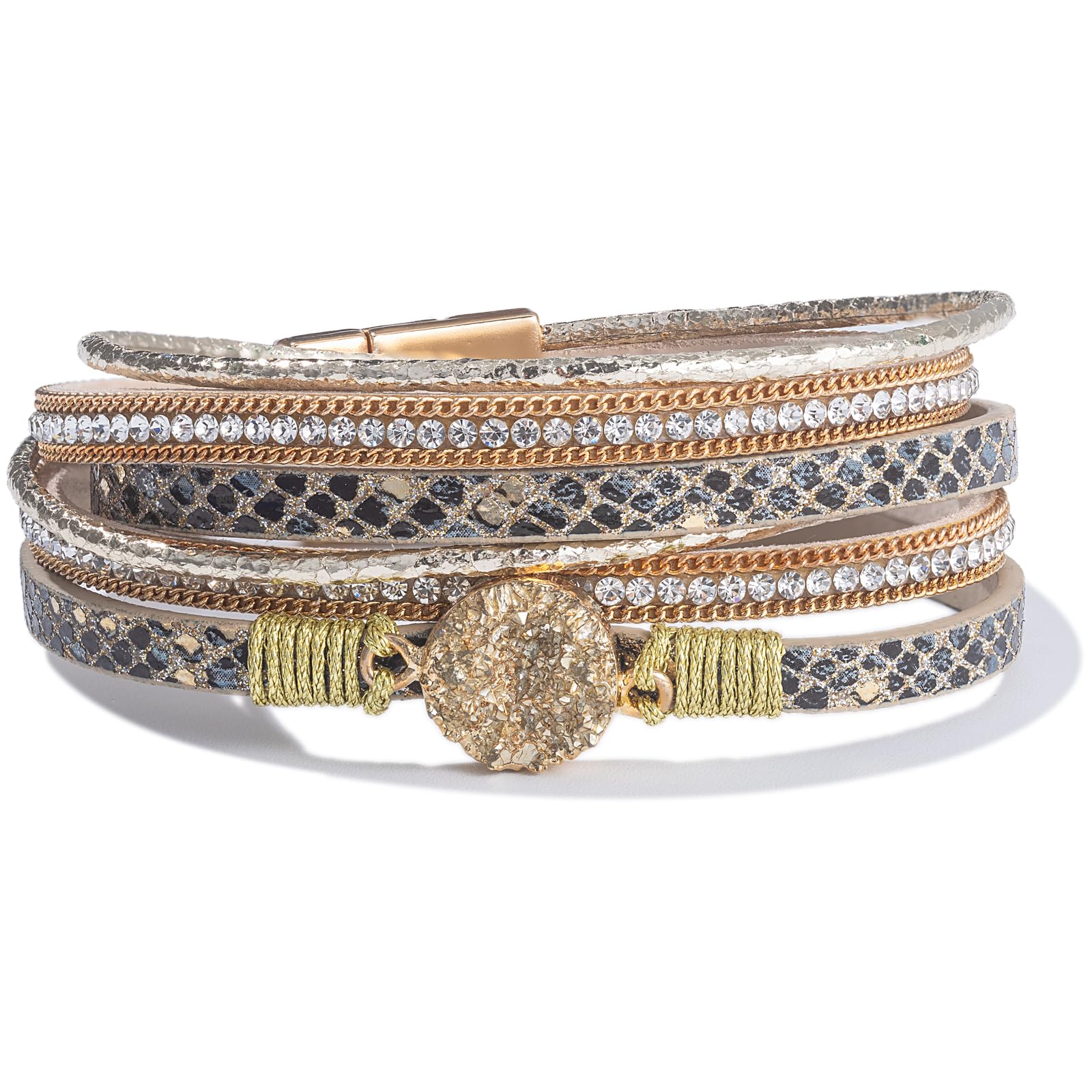 FANCY SHINY Boho Wrap Bracelets Leather Cuff Bracelet Bohemian Jewelry Resin Stone Leather Necklace with Clasp for Women