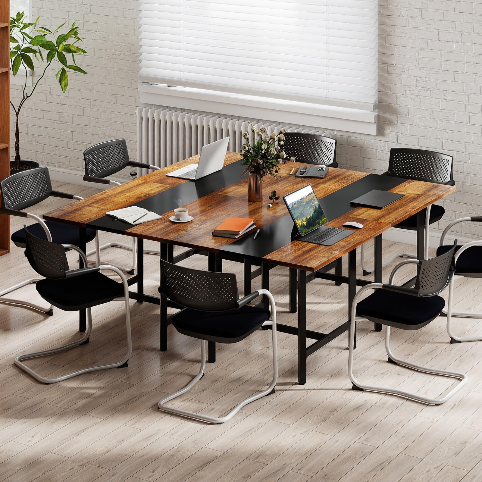 COSTWAY Konferenztisch, quadratischer Besprechungstisch mit Metallrahmen, Seminartisch zusammensetzbar für 4 Personen, Büro, Vorstandszimmer, Esszimmer (100 x 100 x 75 cm,Rustikal Braun + Schwarz)
