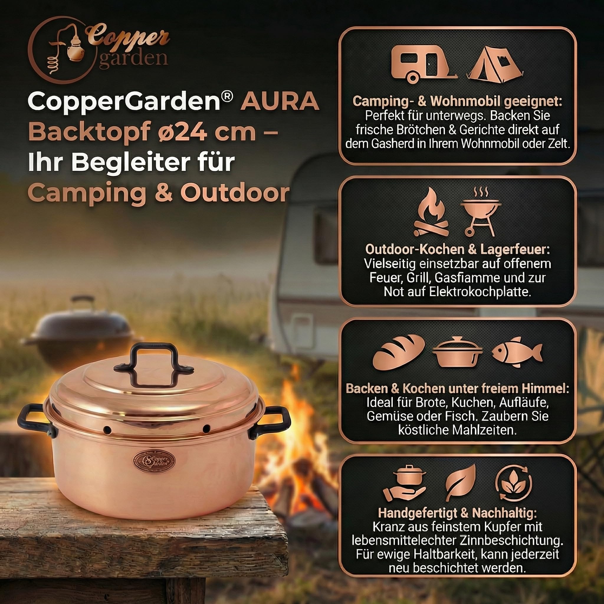 CopperGarden Aura24 Backtopf aus Kupfer I Kupfertopf für Camping/Gasherd/Grill & Lagerfeuer I Kupferkochtopf für 2-4 Personen I Brot-Topf mit 24 cm Durchmesser I Bräter mit Deckel