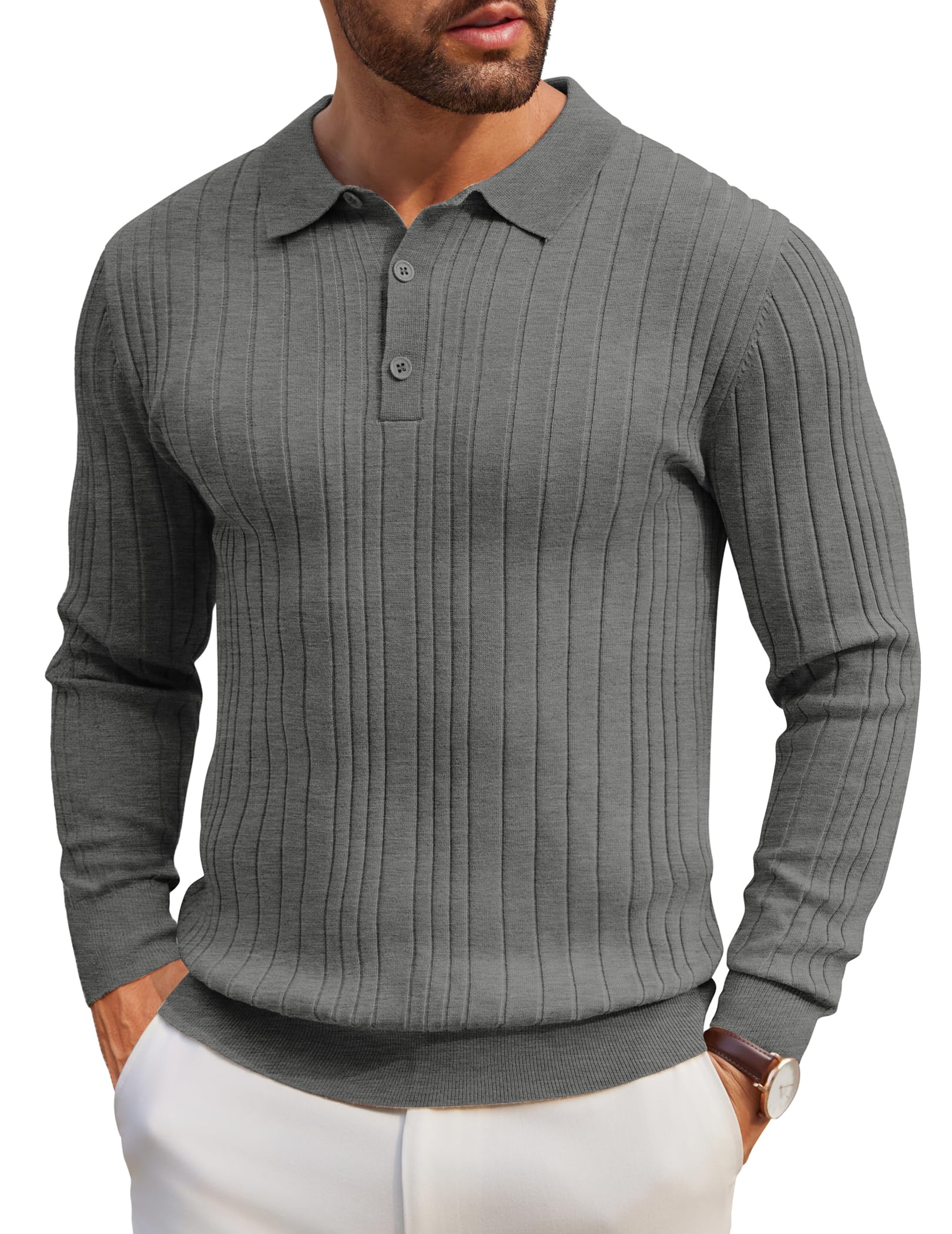 COOFANDY Men's Knit Polo Shirts Long Sleeve Casual Button Down Ribbed Polo Shirt Fashion Golf Shirts