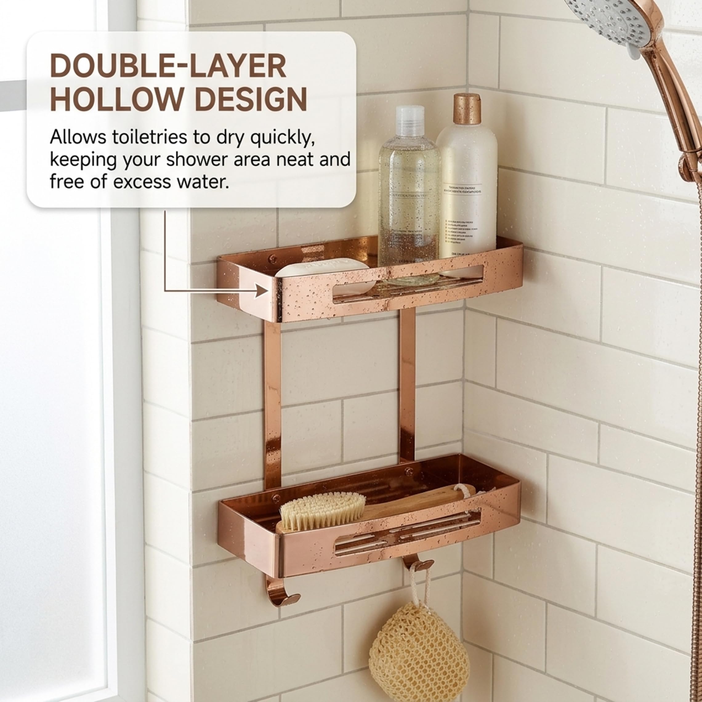 Estante esquinero para baño, carrito de ducha de doble nivel, organizador de pared adhesivo de acero inoxidable 304 con ganchos, oro rosa sin taladro