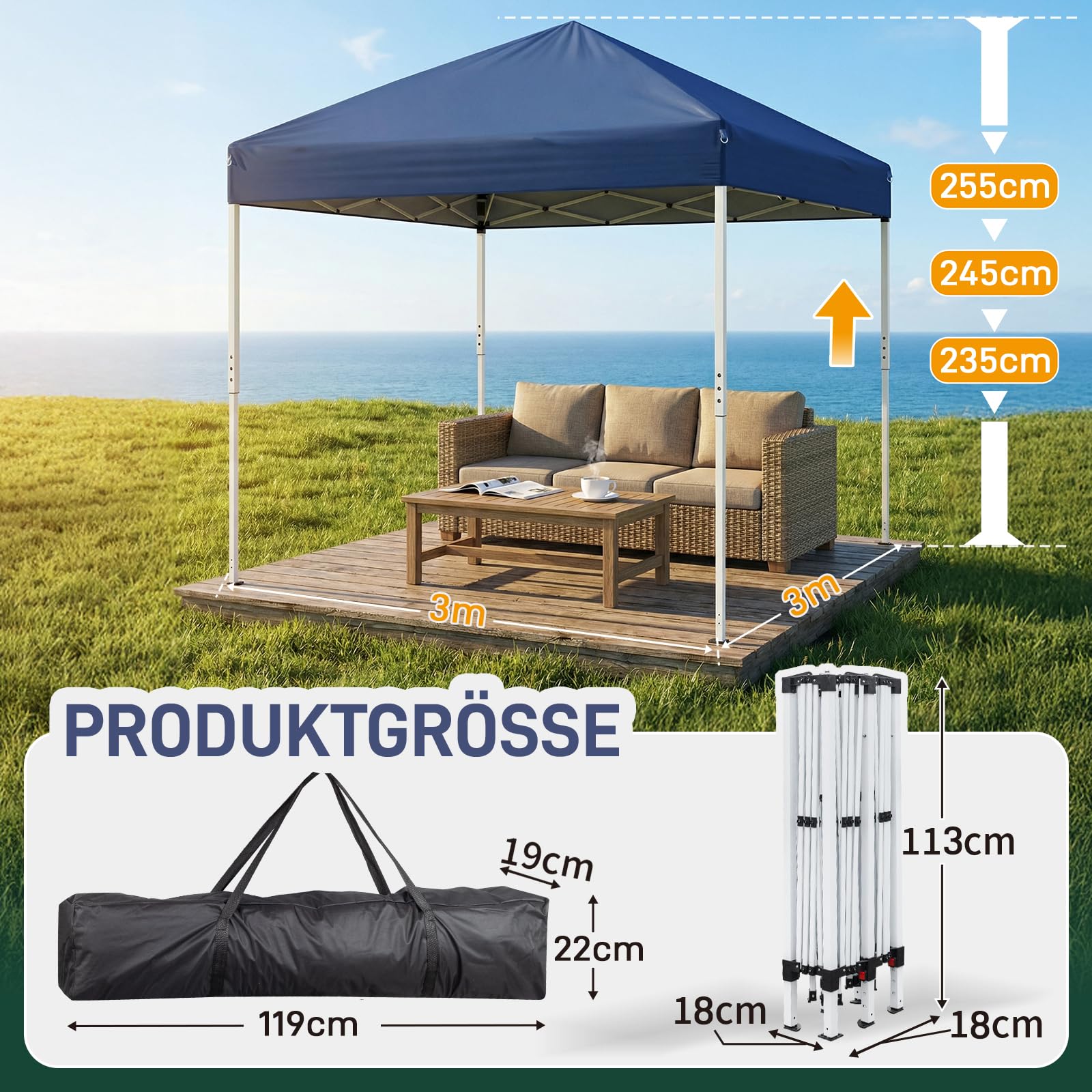 LEADZM Gazebo 3x3m, Pieghevole, Impermeabile, Protezione UV 50+, Regolabile in Altezza con 4 Zanzariere, Stabile, Ideale per Giardino, Terrazza, Campeggio e Uso Commerciale,Blu