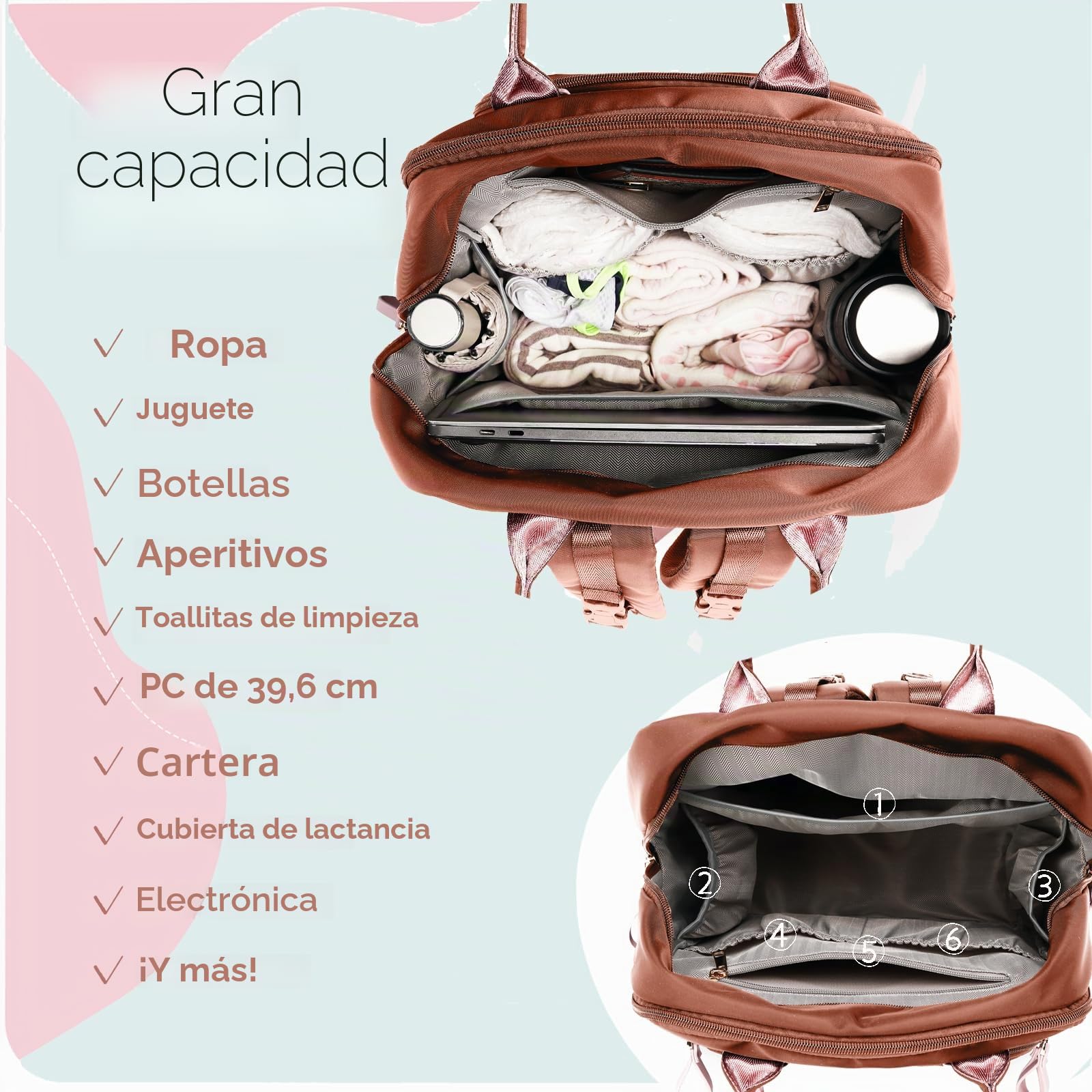 LORADI Mochila grande para pañales con 18 bolsillos, color marrón