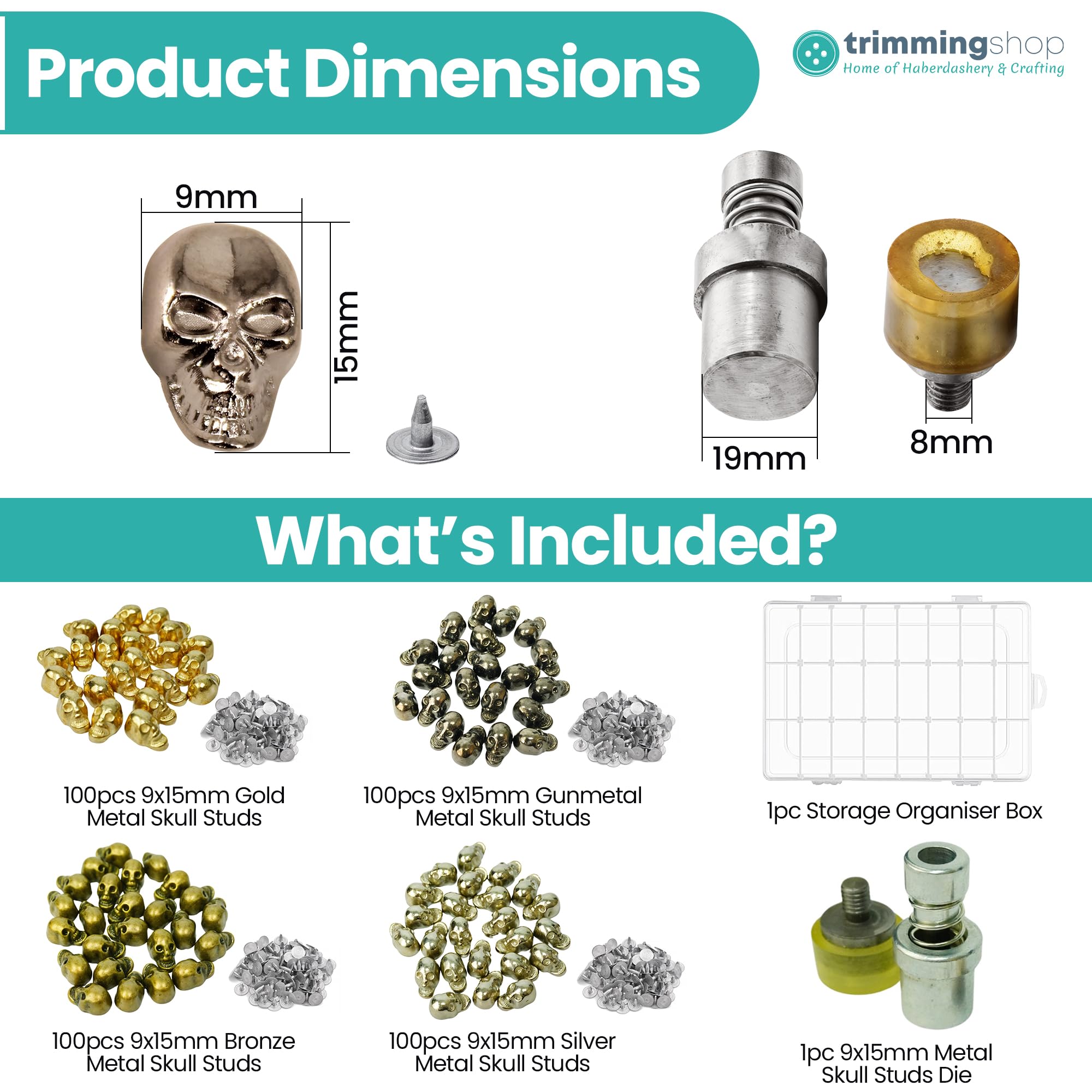 Trimming Shop Kit de pernos de cabeza de calavera de 9 mm x 15 mm con juego de troqueles para máquina verde, 400 remaches de metal para manualidades en cuero, chaquetas, mezclilla, ropa gótica, bolsos