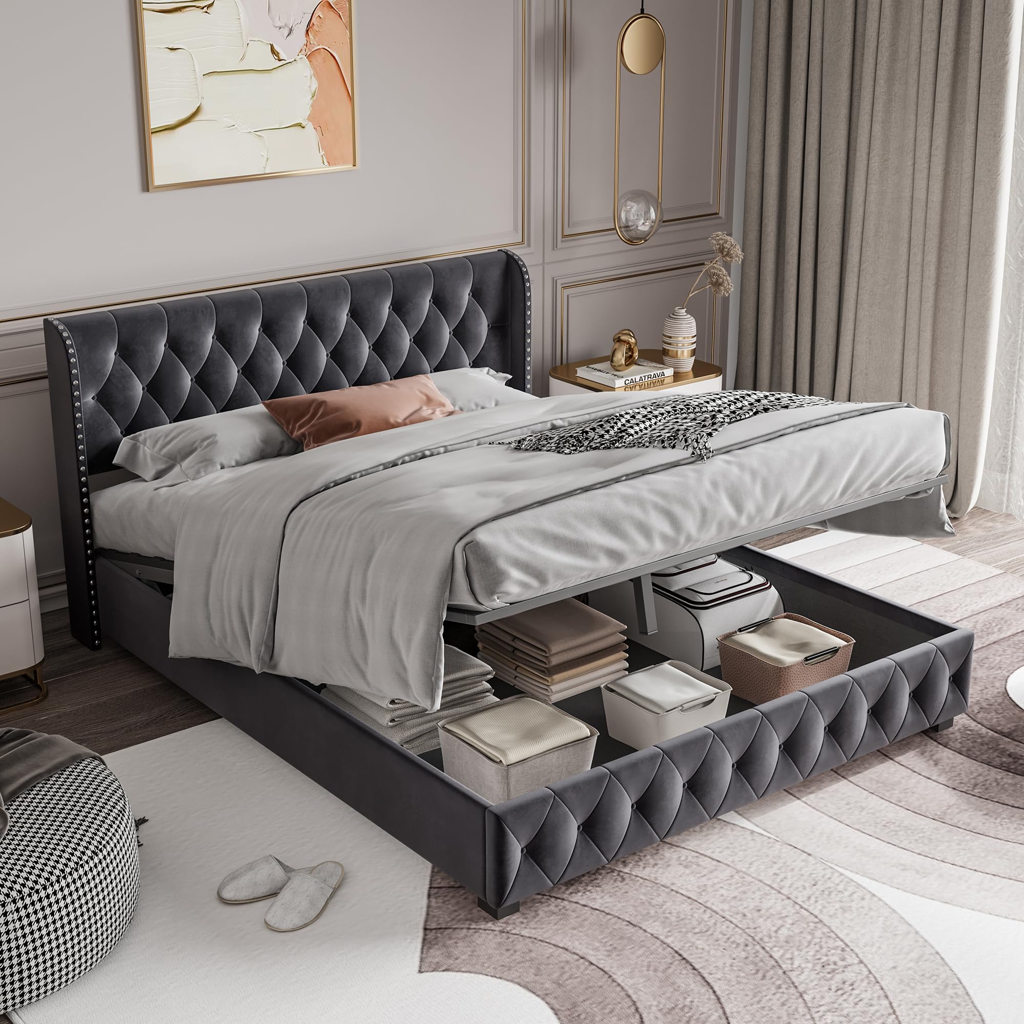 Lit Double 160x200 Cm LIVLUX - Tête De Lit LED Réglable - 4 Tiroirs De Rangement - Sommier Lattes - Beige