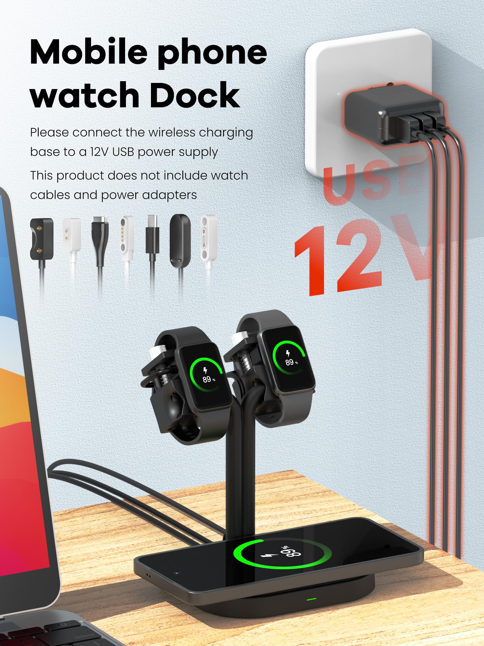 Station de chargement sans fil universelle 3 en 1 réglable pour montre connectée - Pour Samsung / AGPTEK / Fitbit / Xiaomi / FITVII / RUIMEN/Amazfit / Fitpolo - Base de montre (33SW-B)