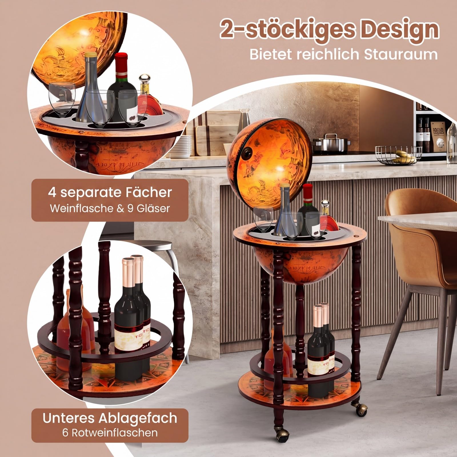 GIANTEX Globusbar mit 3 Rollen, Barwagen Weltkugel Cocktailbar mit Bodenplatte, Hausbar Minibar Tischbar Dekobar, Eukalyptusholz (braun)