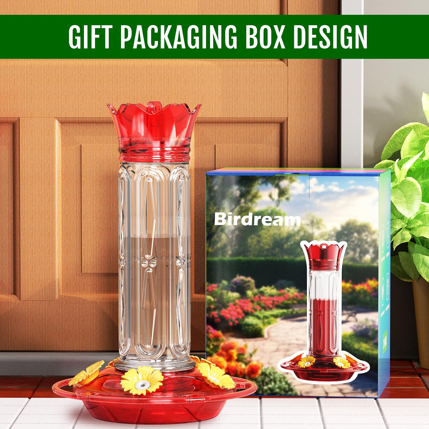 Birdream 2 Pack Hummingbird Feeders for Outdoors Hanging, Plastic Bird Nectar Feeder with 5 Bee Guard Feeding Ports & Cleaning Brush, Leak Proof, Built-in Ant Moat, 20 Ounces Total, Red - 5