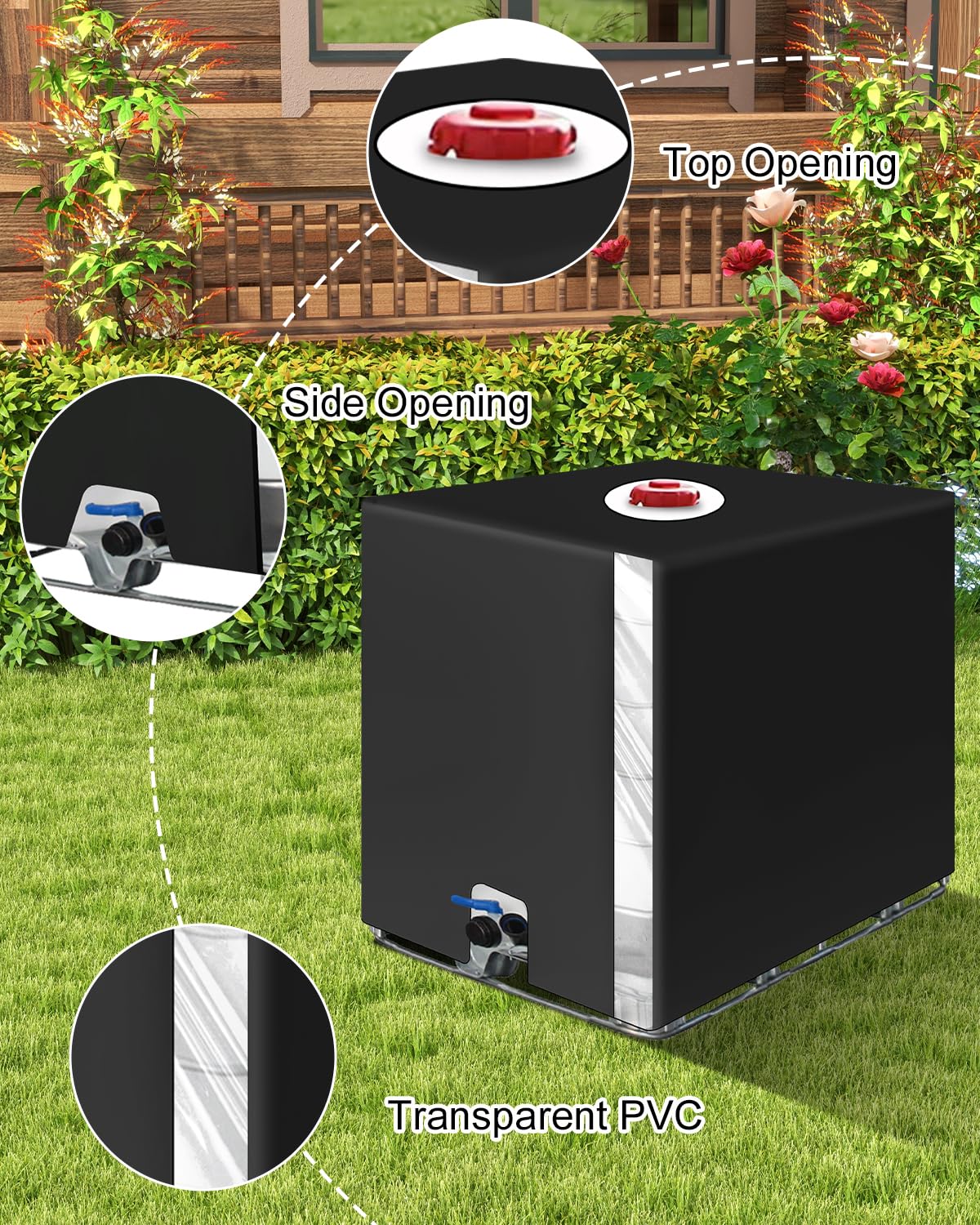 Cubierta para Depósito de Agua 1000 litros, Cubierta Funda Deposito con Película Transparente, Antipolvo Anti UV Cubierta Protectora Depósito Agua IBC, Funda Bidon Cubierta Deposito Agua,Negro