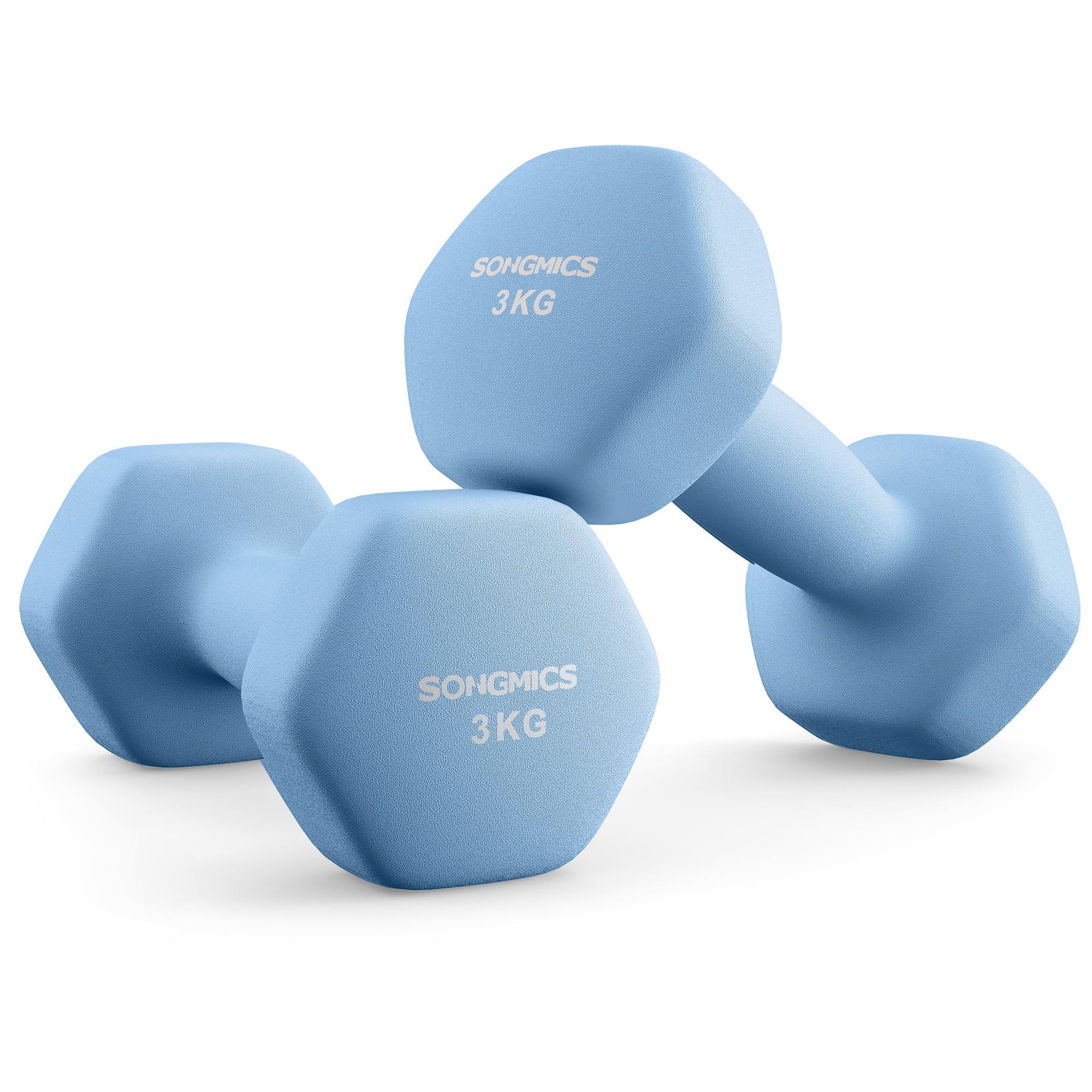 SONGMICS Set of 2 Dumbbells, 2 x 3 kg Hand Weights with Neoprene Coating, Hexagonal Dumbbells Pair, Home Workout, Fitness Training Exercise, Pale Blue SYL906QZ01