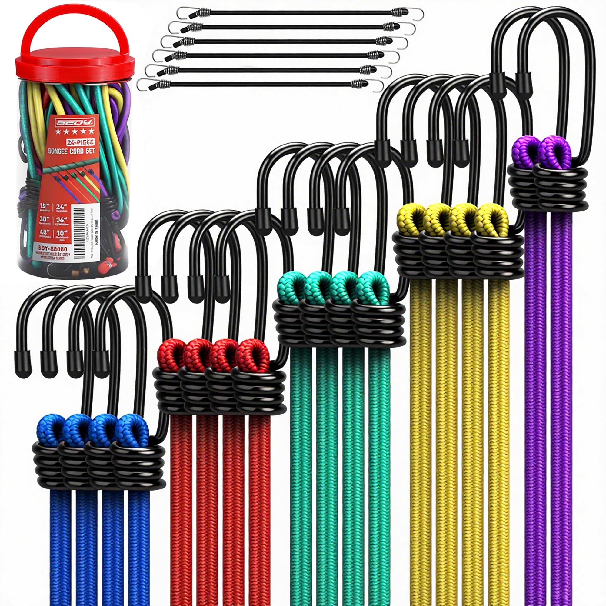 SEDY 24-Piece Premium Bungee Cord Assortment Jar