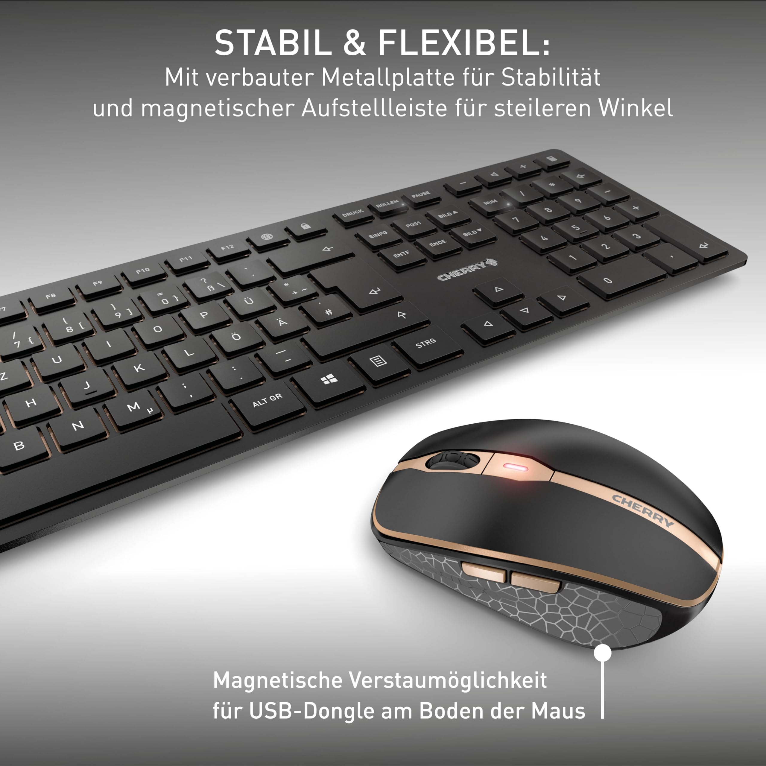 CHERRY DW 9100 Slim, Kabelloses Tastatur-Maus-Set, Tschechisches/Slowakisches Layout (QWERTZ/QWERTY), Bluetooth & 2,4 GHz Funk, Wiederaufladbar, Schwarz-Bronze
