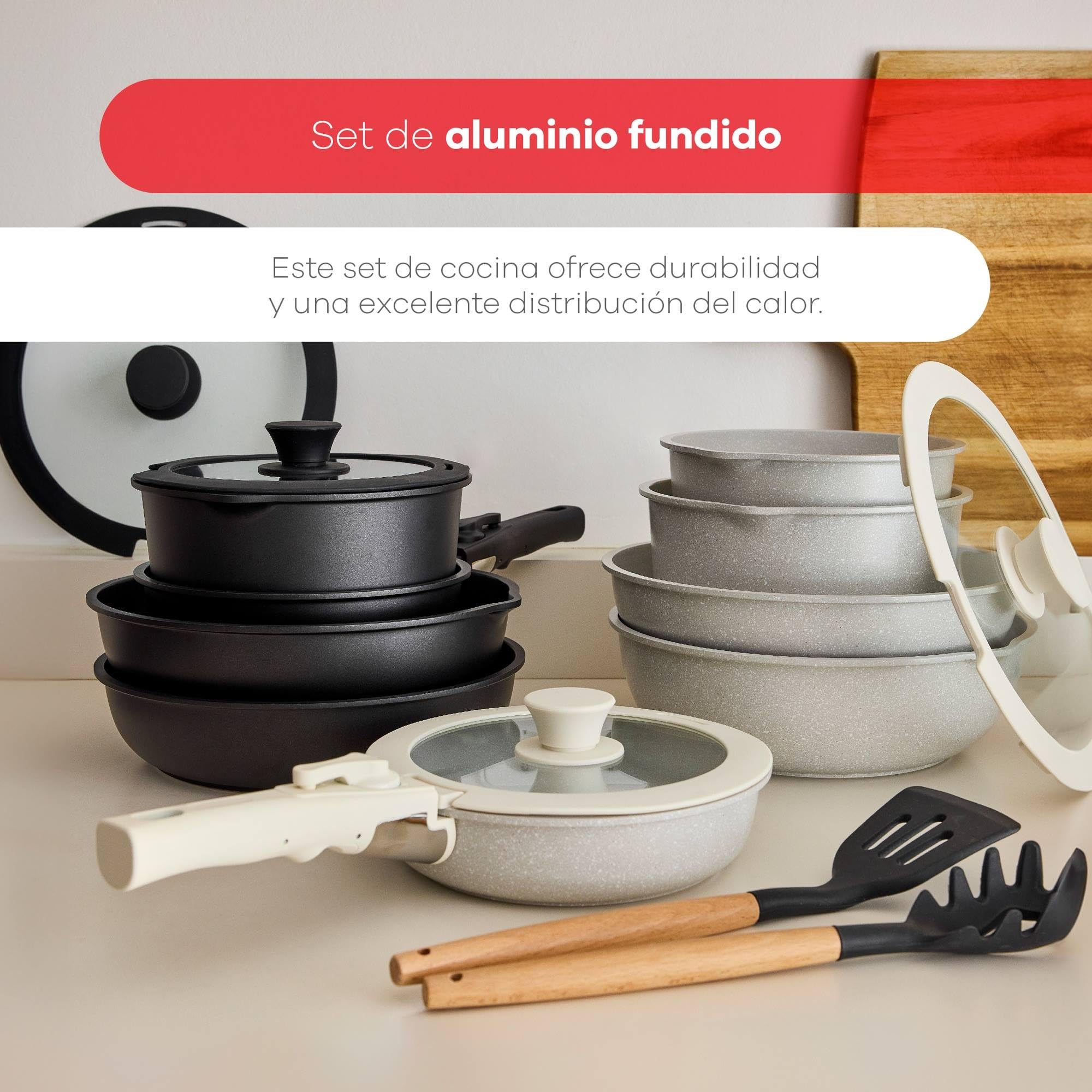 Bergner | Batería de cocina 10 Piezas | Mango extraíble, 3 Sartenes, 2 Cazos, Tapas y Utensilios + REGALO 3 Cazos Ø16Ø18Ø20cm + asa extraíble + REGALO 2 Sartenes Ø22 Ø26cm + asidero extraíble