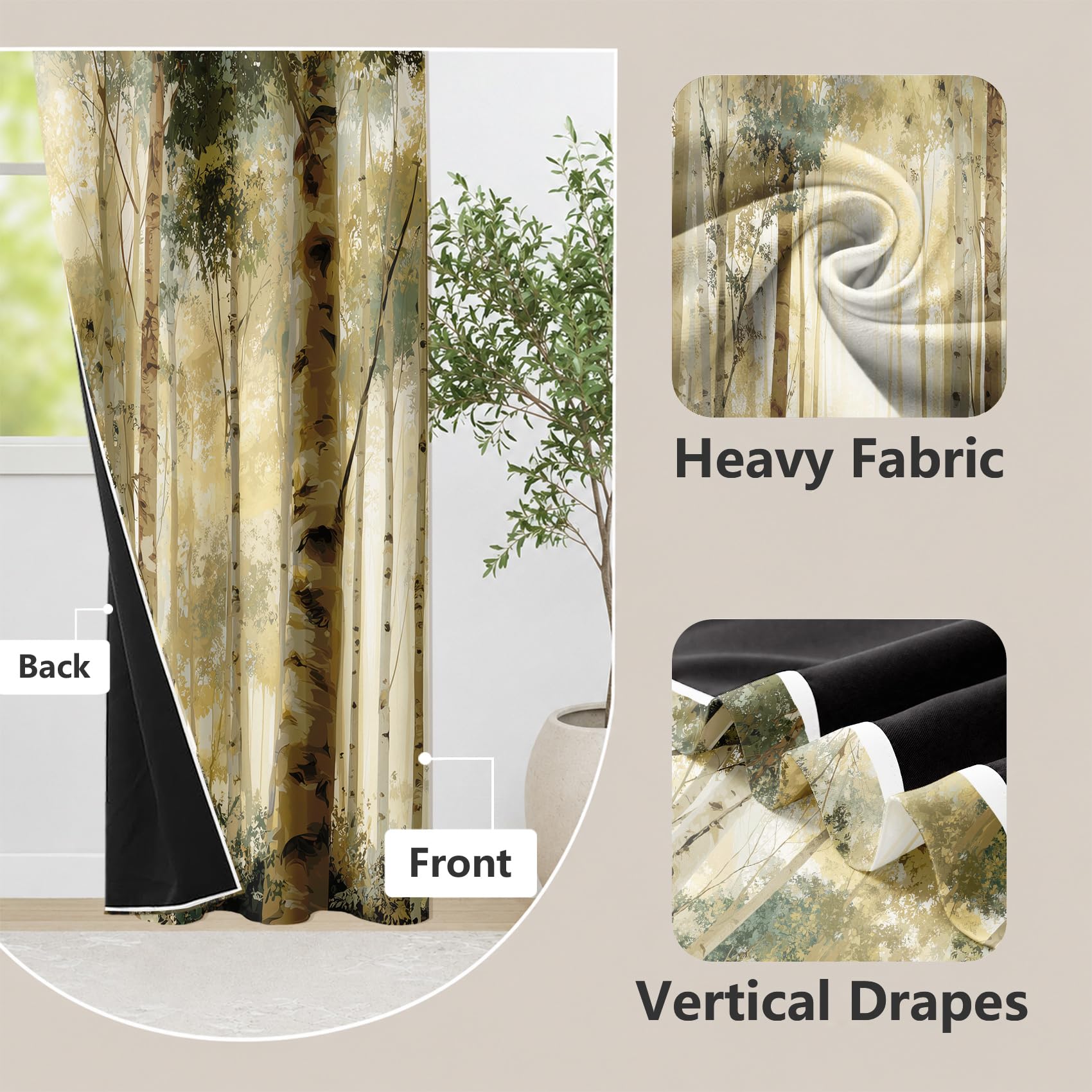 Rideau Occultant Forêts Rideaux Thermiques Forêt de Bouleau pour Salon Chambre, Lot de 2 Rideaux et Draperies Intérieurs à Oeillets, 140x220 cm (LxH)