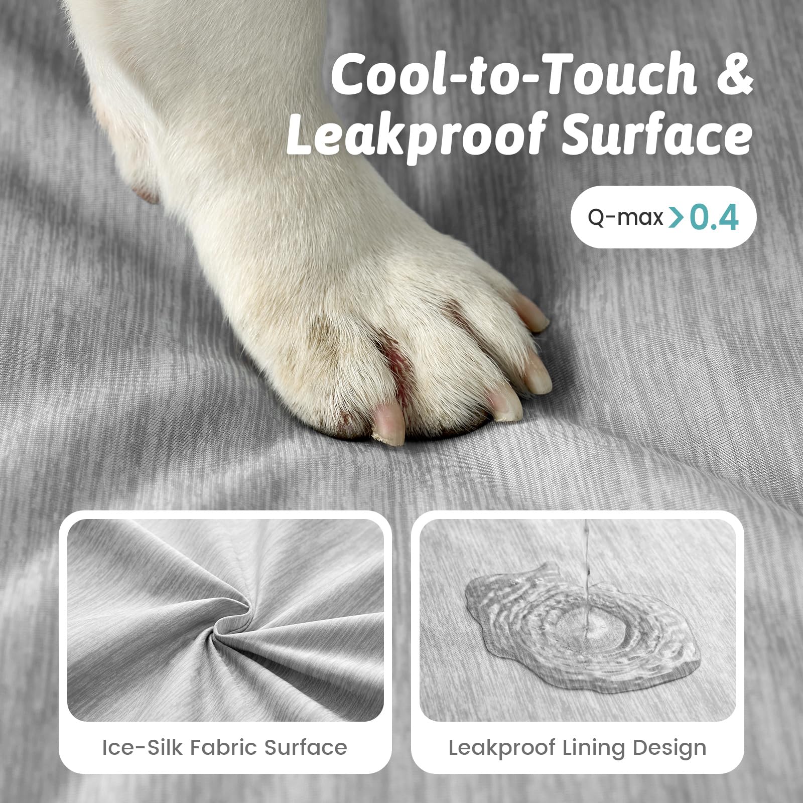 COZY KISS Cama Refrescante Perros Grandes L, Q-MAX>0.4 Cojín Ortopédico Transpirable Espuma Gel, Colchón Lavable Jaula, Funda Desmontable, Antideslizante, 91x69x7.5cm, Gris Plata