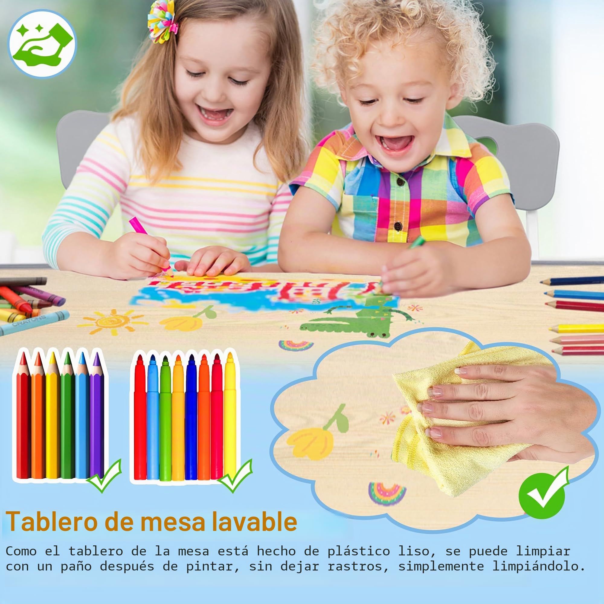 Aufun Mesa para niños con 4 sillas, Grupo de Asientos para niños Regulable en Altura, Juego de sillas de Mesa para jardín de Infancia y habitación Infantil, Mesa de Pintura fácil