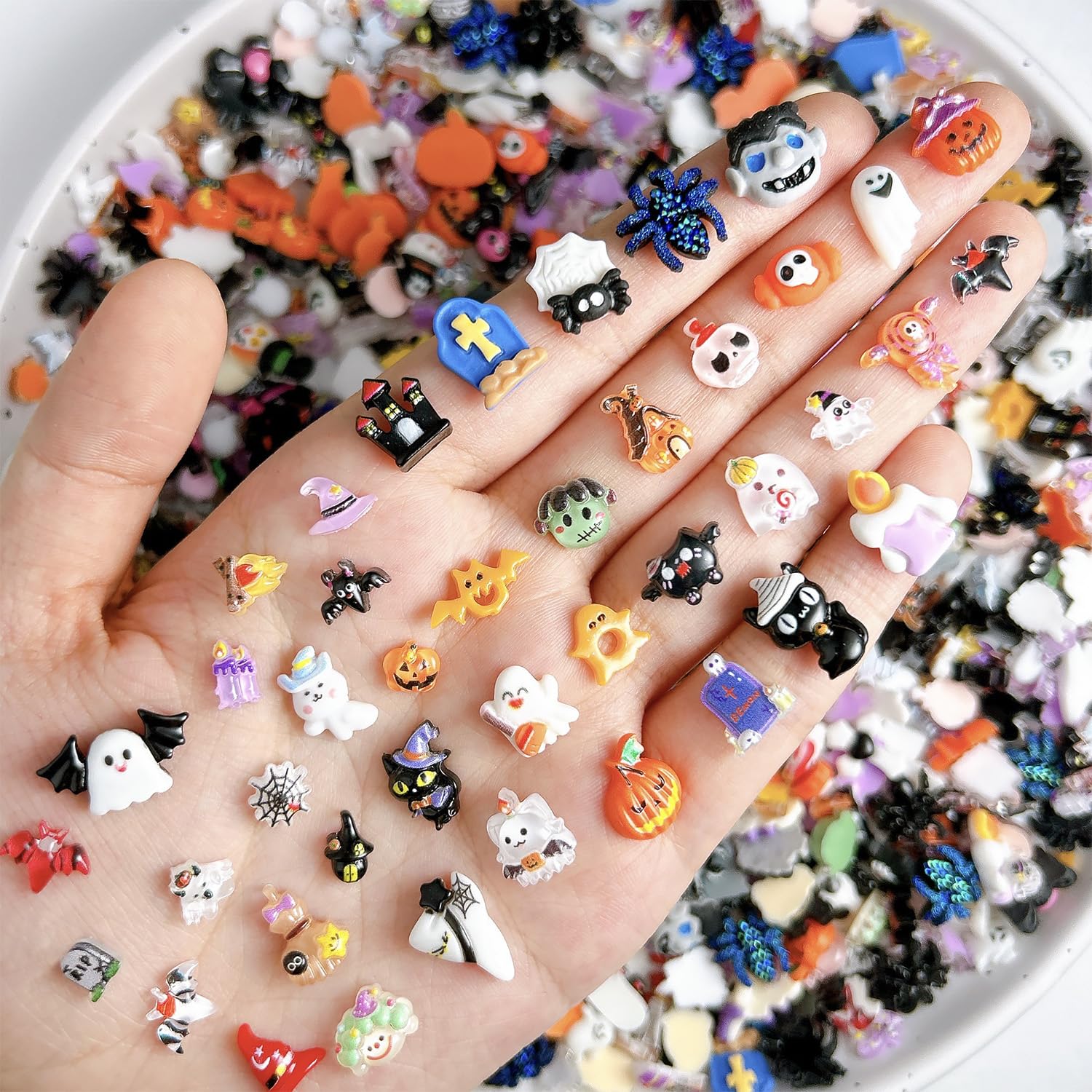 60Pcs Halloween Mix Nail Charms Cute Ghost Pumpkin Nail Gems Gothic Bat Spider Web Nail Rhinestones Colorful 3D Resin Design Nail Jewelry Halloween Acrylic Nails Supplies for Women Decorations Tips-image-6