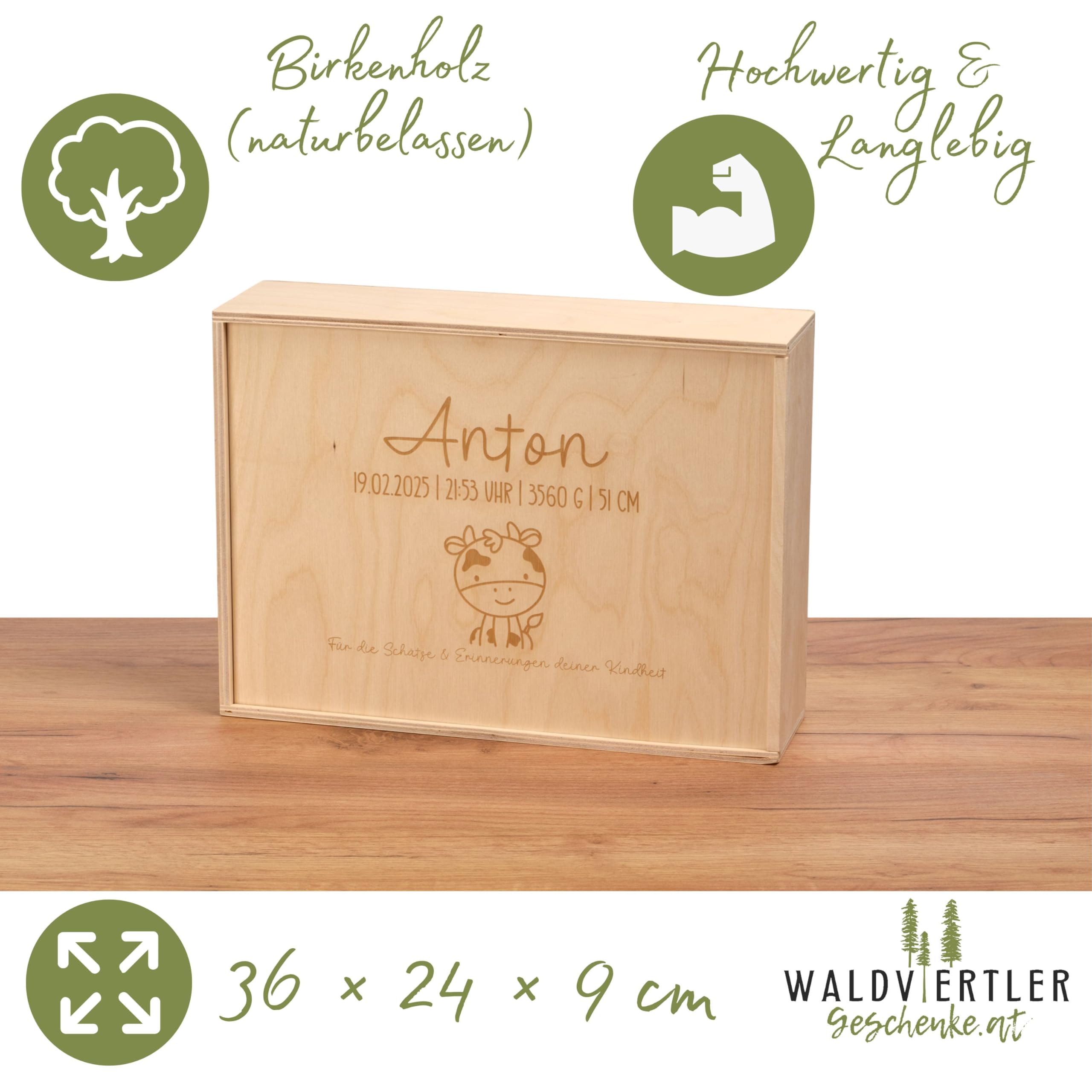 Sparset zur Geburt – Erinnerungsbox M mit Schiebedeckel + personalisierte Spardose + Krümelbrett mit Name – handgefertigt & individuell graviert