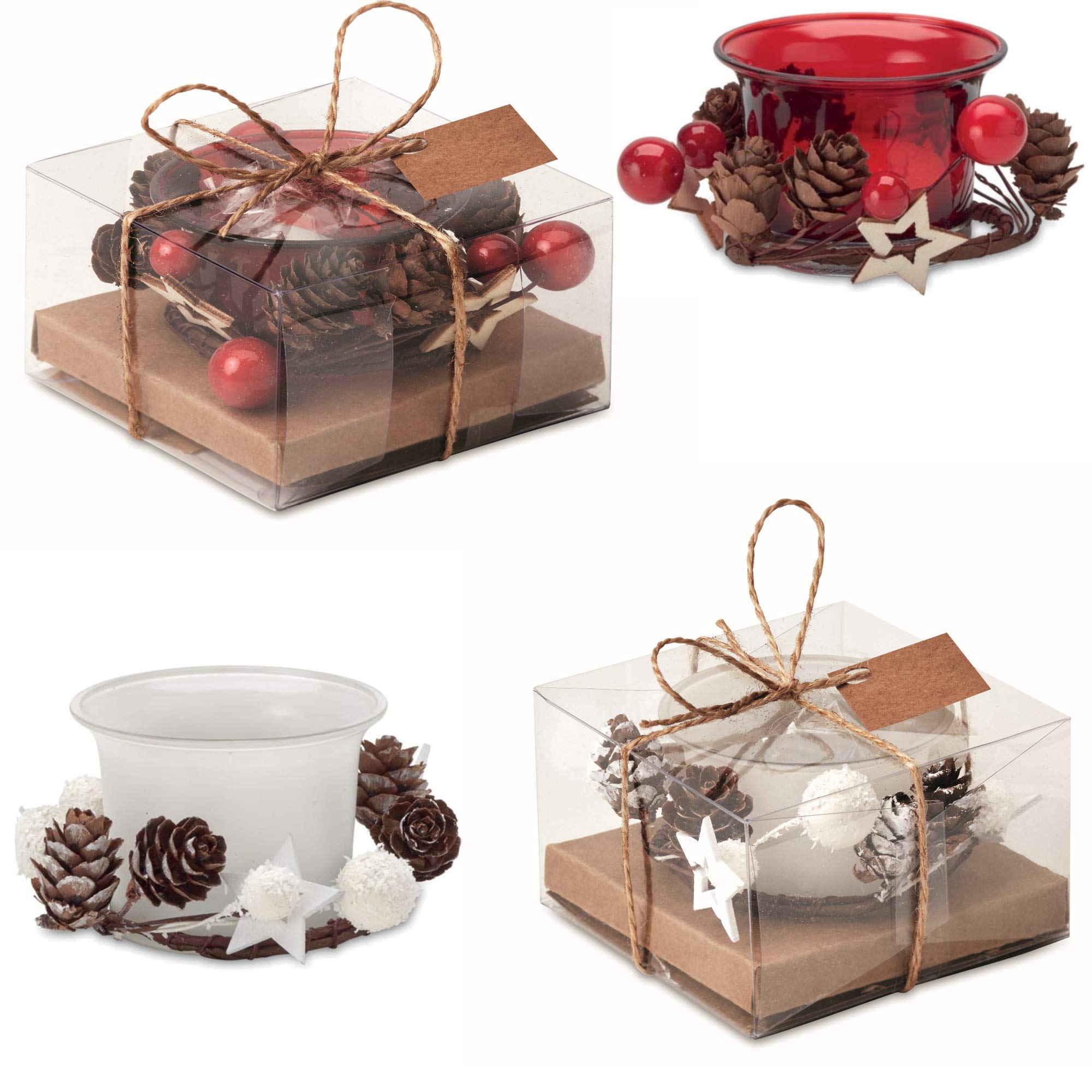 Juego de 4 velas de Navidad con 2 velas rojas con decoración y 2 velas blancas en vaso en caja de regalo
