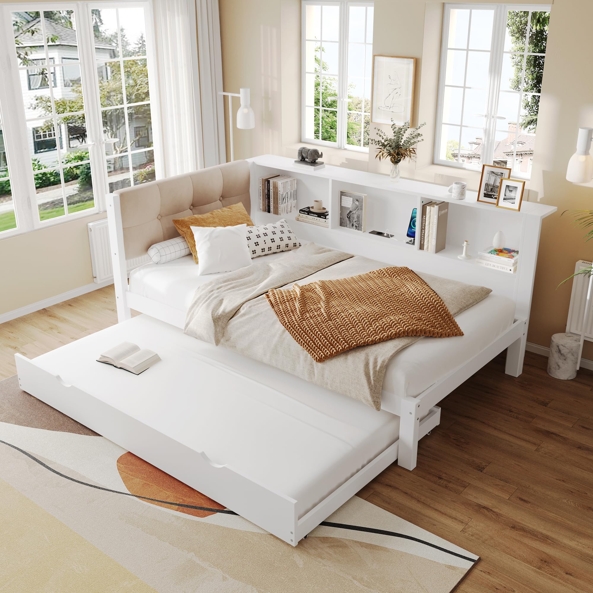 Cama infantil de 90 x 200 cm, con cama nido de 90 x 190 cm, con conector USB y tira LED, sofá cama con cabecero acolchado, estructura de madera, blanco, sin colchón (blanco, 90 x 200 cm)