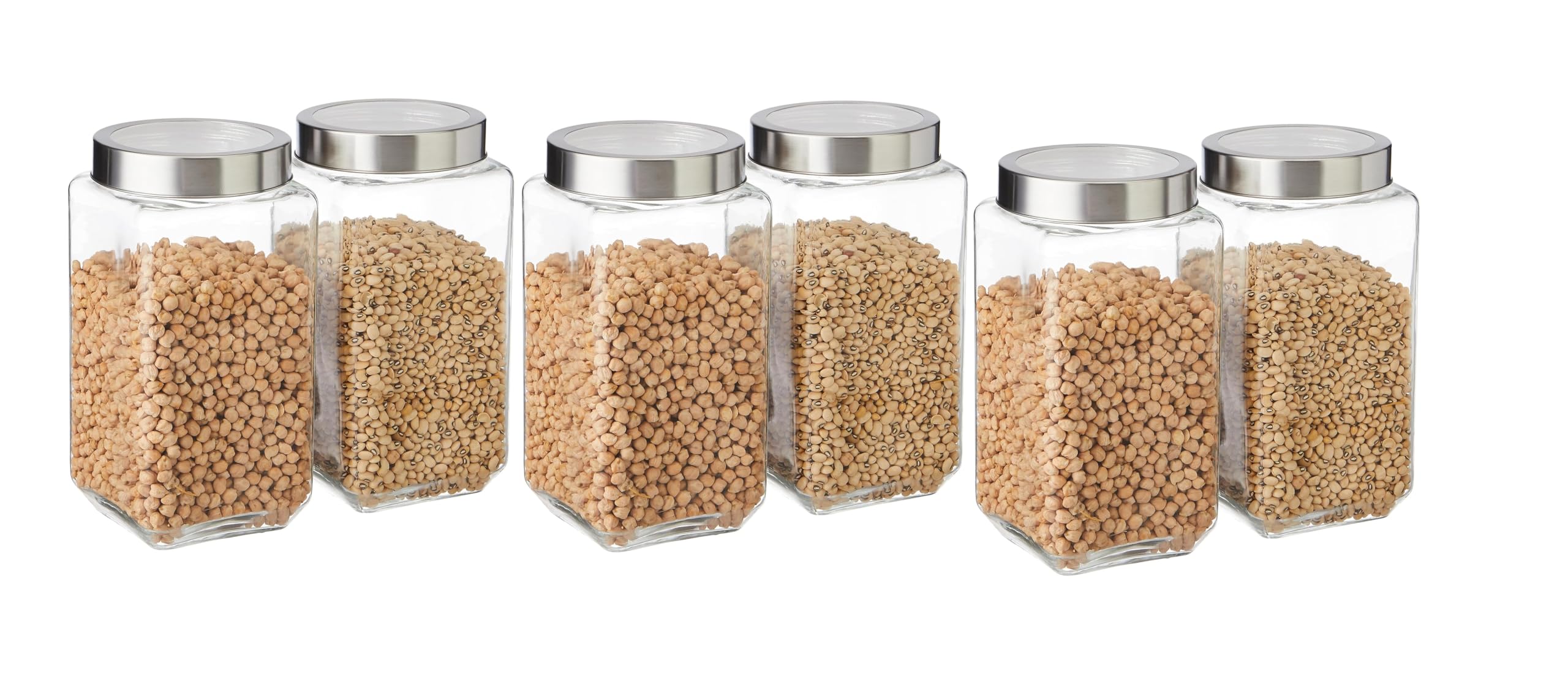 CROCO JAR Square Glass Storage Containers 2250ml | Transparent Airtight Kitchen Jars with Steel Lid | Cubical Glass Jars for Pantry, Snacks, Dry Fruits, Masala, Pickle & Coffee Beans | Pack of 6