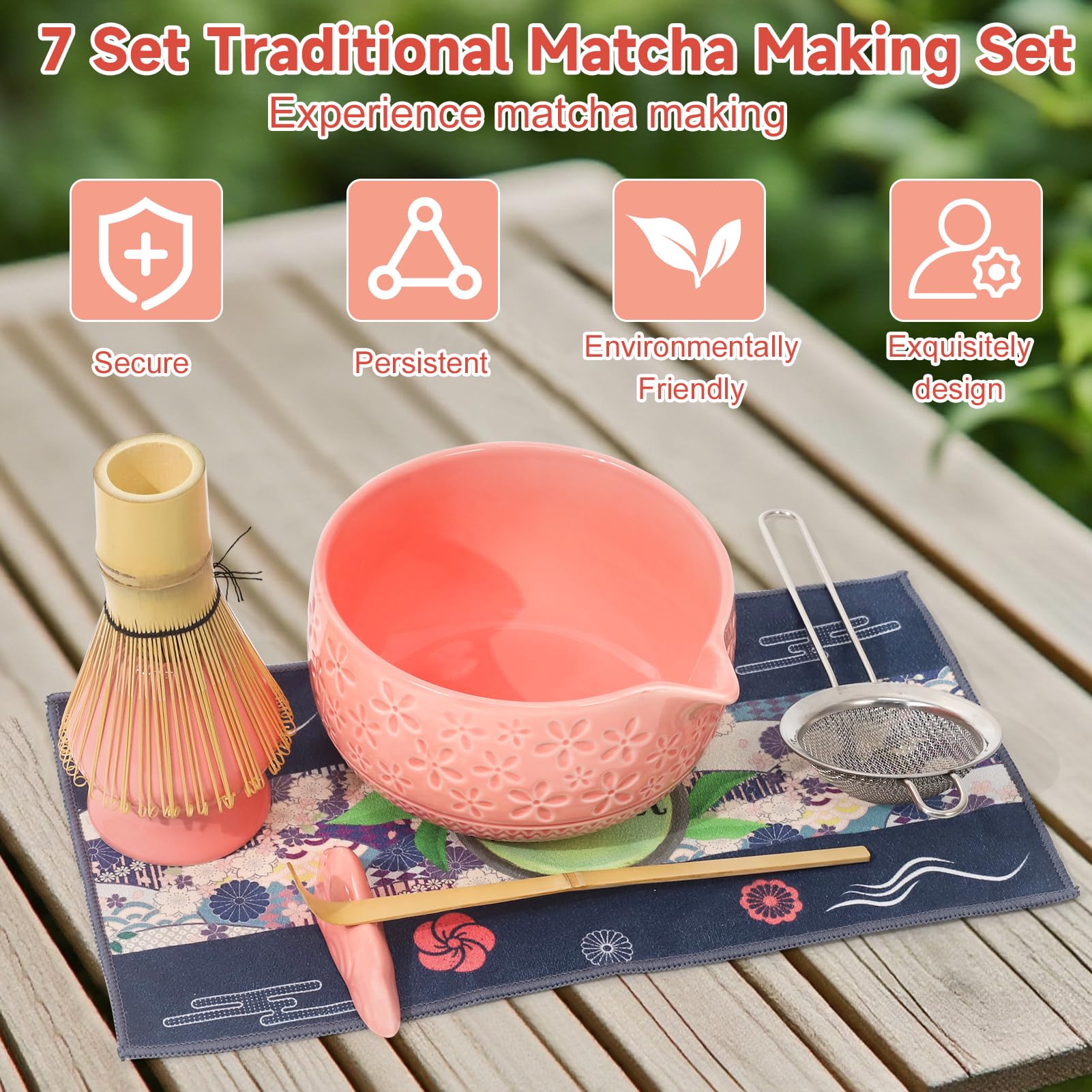 Kit Te Matcha de Cerámica 7 Piezas, Matcha Set con Cuenco de Matcha, Cuchara, Colador, Batidor, Portacucharasy Soporte para la Batidora, Kit Matcha Completo, Regalo para Navidad y Cumpleaños