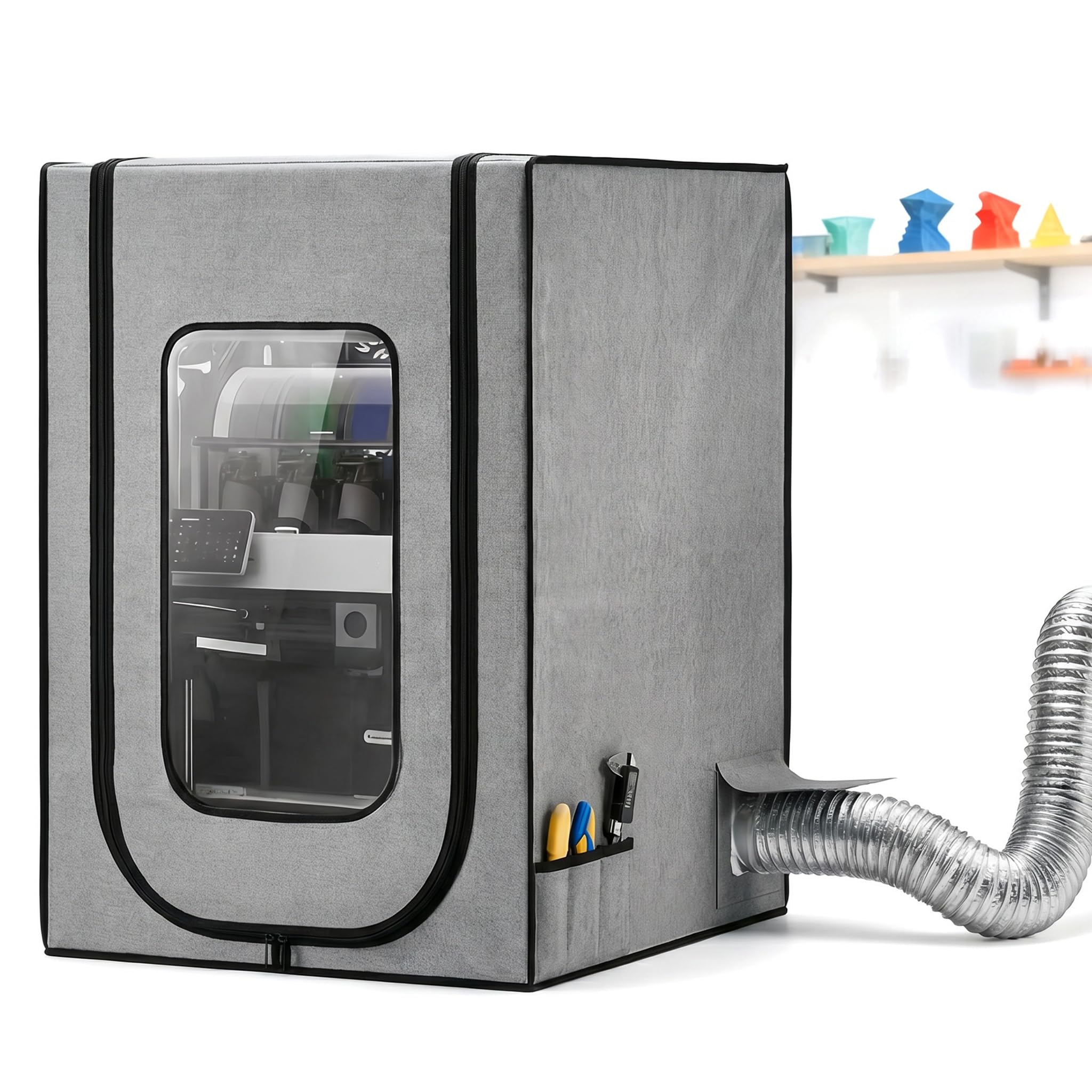 Whoolefun Light 3D Printer Enclosure With Ventilation Kit, Fireproof Dustproof Enclosure Tent Cover, Stainless Steel Frame, With Thermometer & Hygrometer, Noise Reduction, 550×650×780Mm
