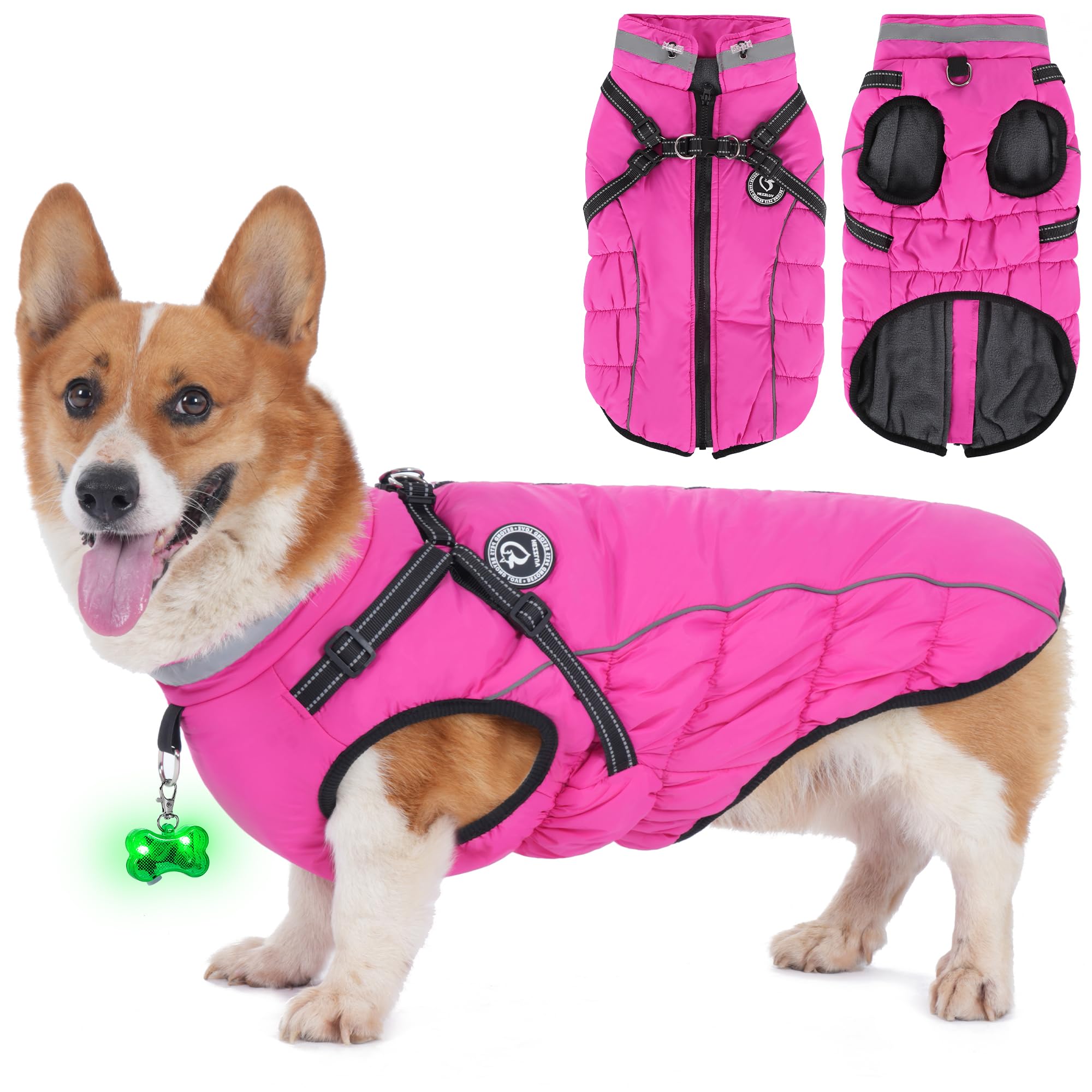 HezzLuv Waterproof Dog Winter Jacket with Harness, Reflective Strips & LED Light-Emitting Collar Dogs Coat, Fleece Cotton Lined, Windproof/Adjustable Warm Dog Coats & Jackets for Small & Medium Dogs