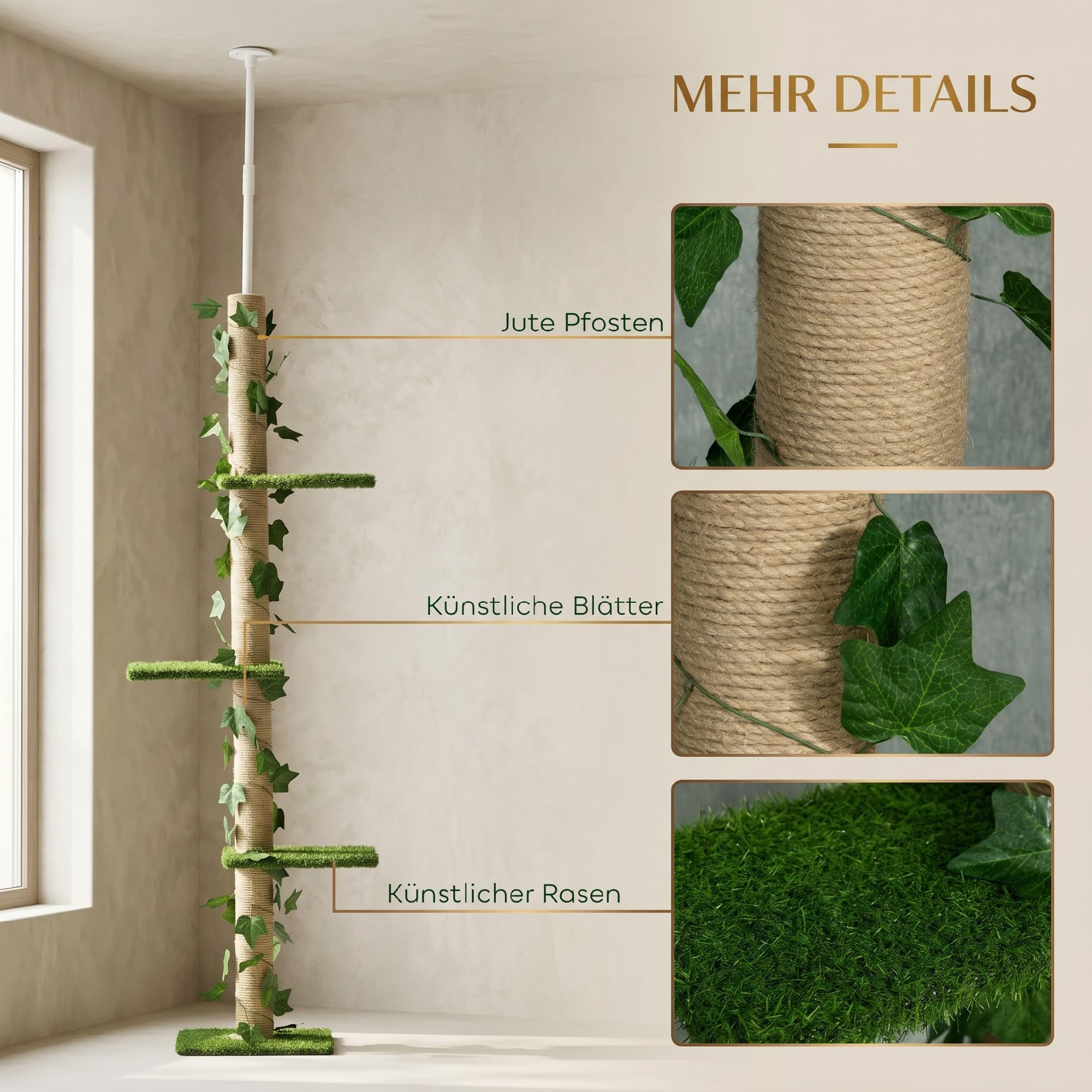 PawHut Kratzbaum Deckenhoch 202-242 cm für Mittelgroße Katzen Grün+Gelb