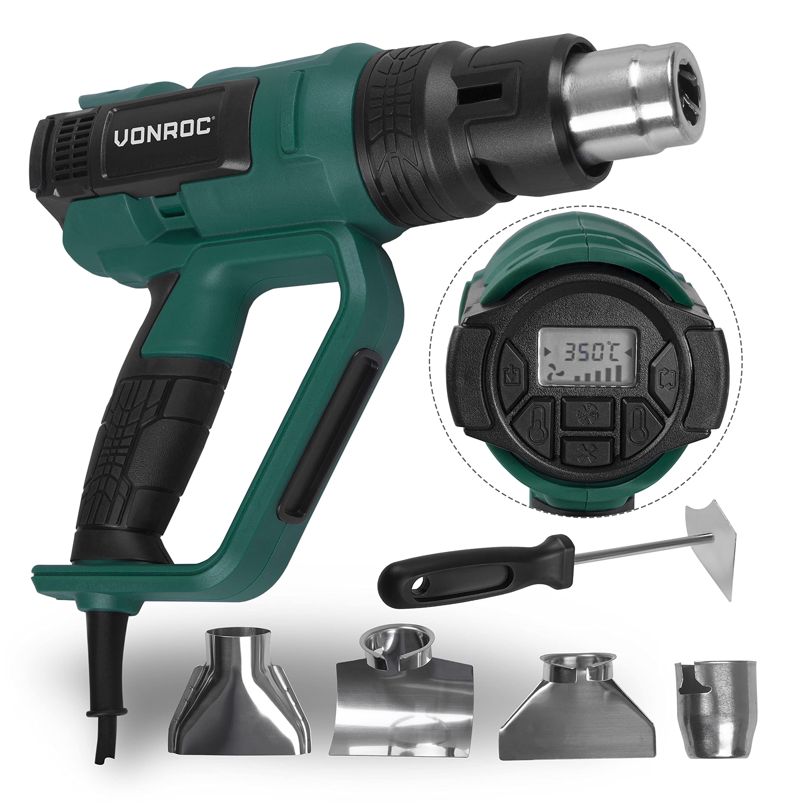 VONROC Décapeur Thermique Professionnel - Pistolet à Air Chaud 2000W – 60 Températures, 5 Positions Débits d'Air – Revêtement Véhicule, Séchage Peinture, Accélérer Fixation - 4 Buses Incluses