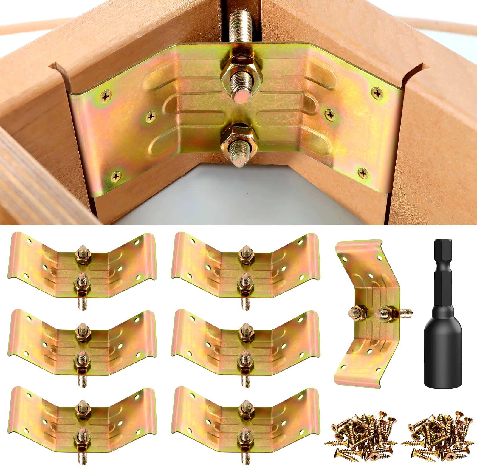 Pisman Table Leg Brackets 8-Piece with Hanger Bolt Driver, Heavy Duty Corner Brackets for Wood, Kerf Mount Hardware Kit for Dining Table Desk Bench Legs, Iron Furniture Repair