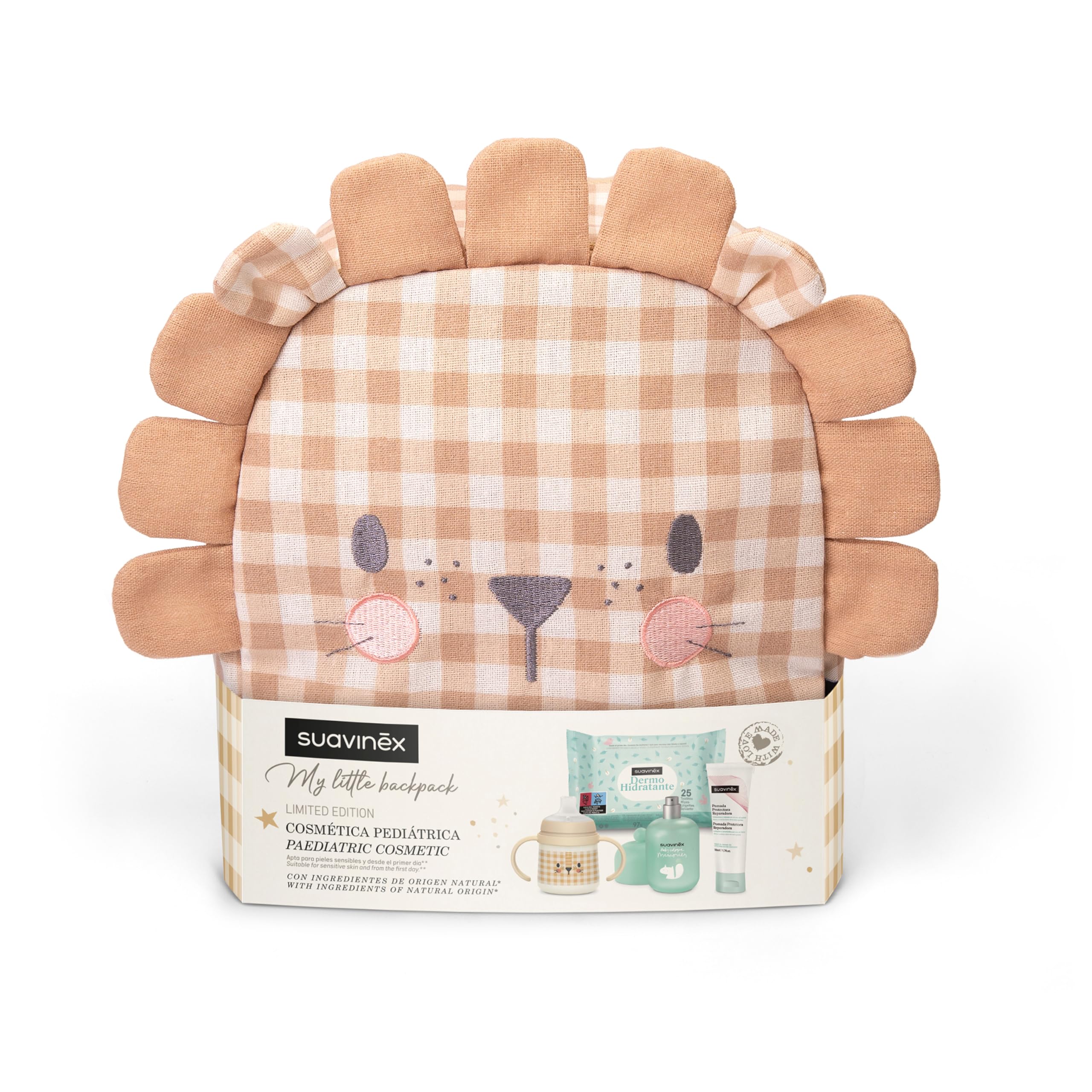 Suavinex, Zaino asilo per bambini, cesto regalo per bambini, con Baby Cologne Memories 100 ml + unguento riparatore 50 ml + confezione da 25 salviettine dermoidratanti + tazza di apprendimento, leone