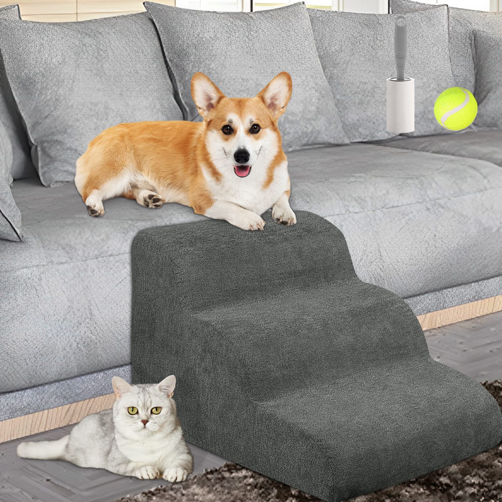 PETILALA 3 Tiers Dog Stairs for Small Dogs?15''High Density Foam Dog