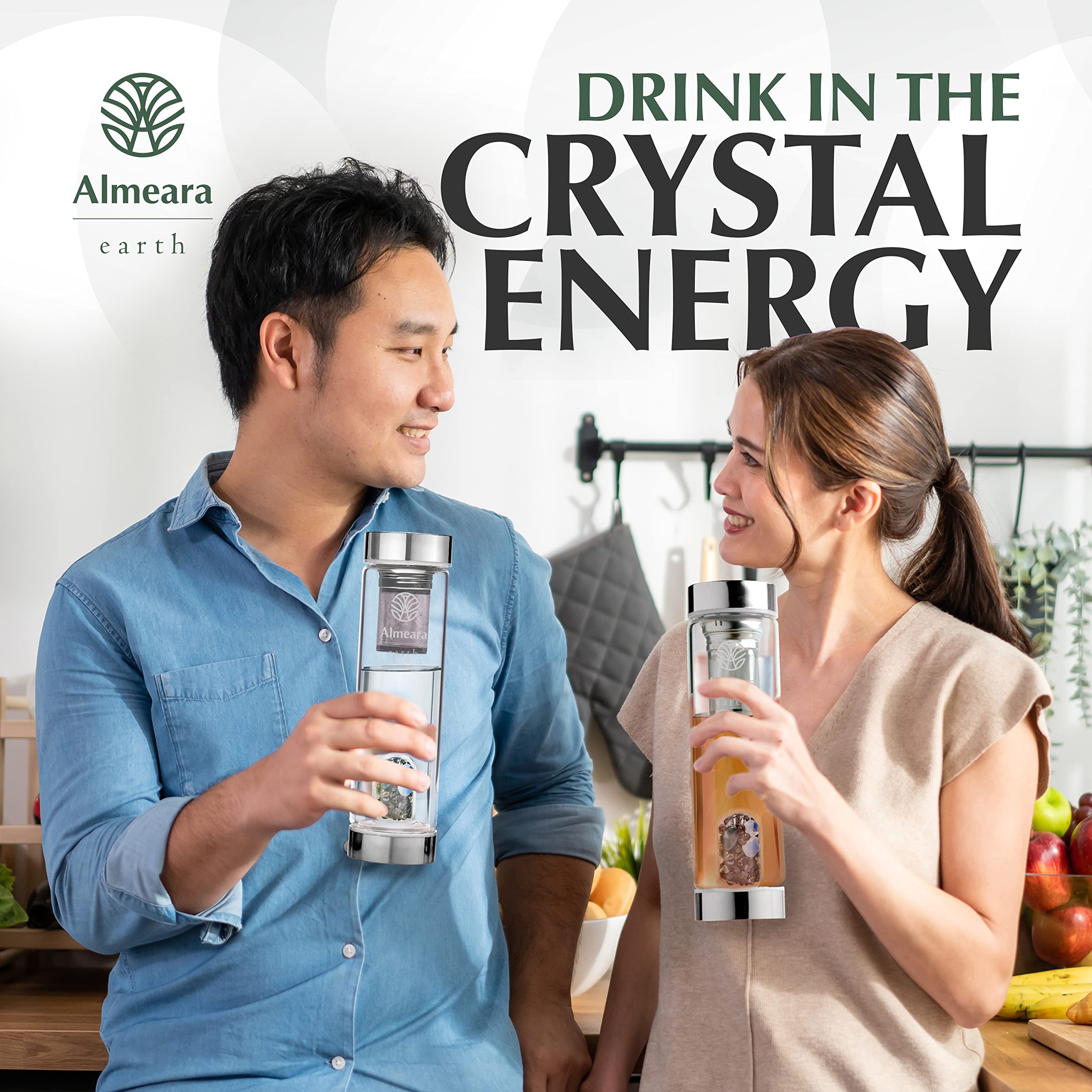 Almeara Botella de agua de cristal – Botella de agua con infusión de Elixir con gemas grandes – Tierra