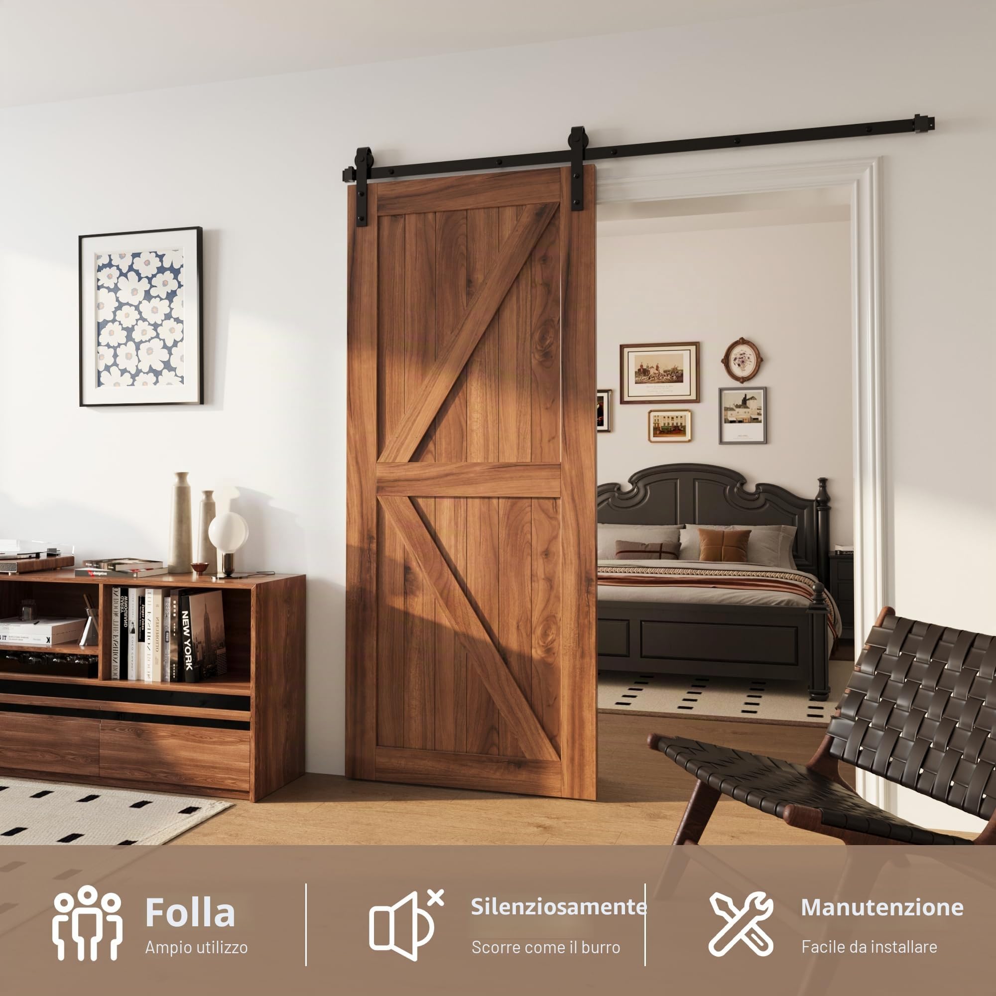 WINSOON 6FT/183cm Binario per Porta Scorrevole Singola Pesante Nero Kit Porta Scorrevole Esterno Muro Forma J (Nessuna Porte)