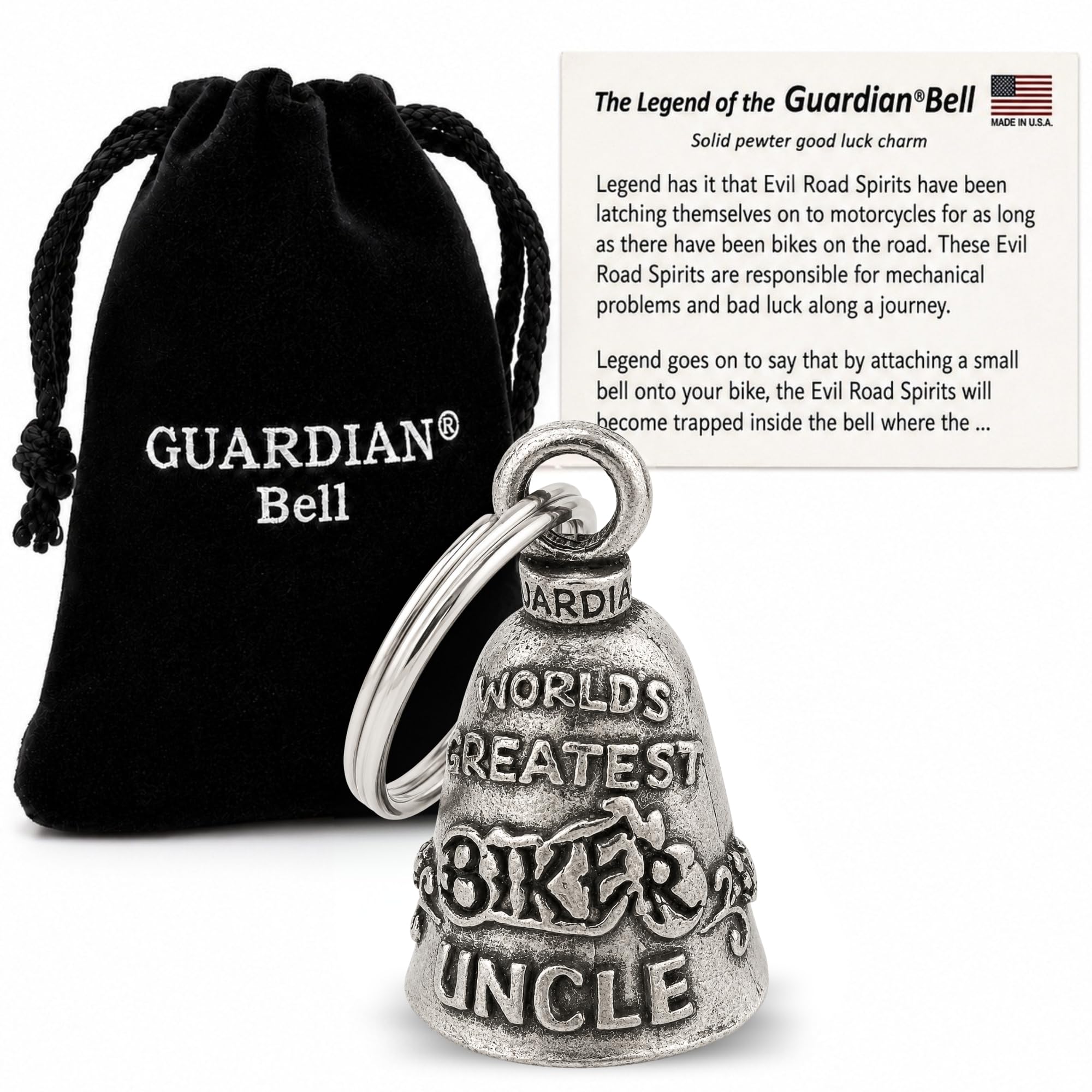 Guardian Bell Good Luck Bell w/Keyring &amp; Black Gift Bag | Motorcycle Bell | Pewter | Good Luck Gift | Bike Bell | Made in USA
