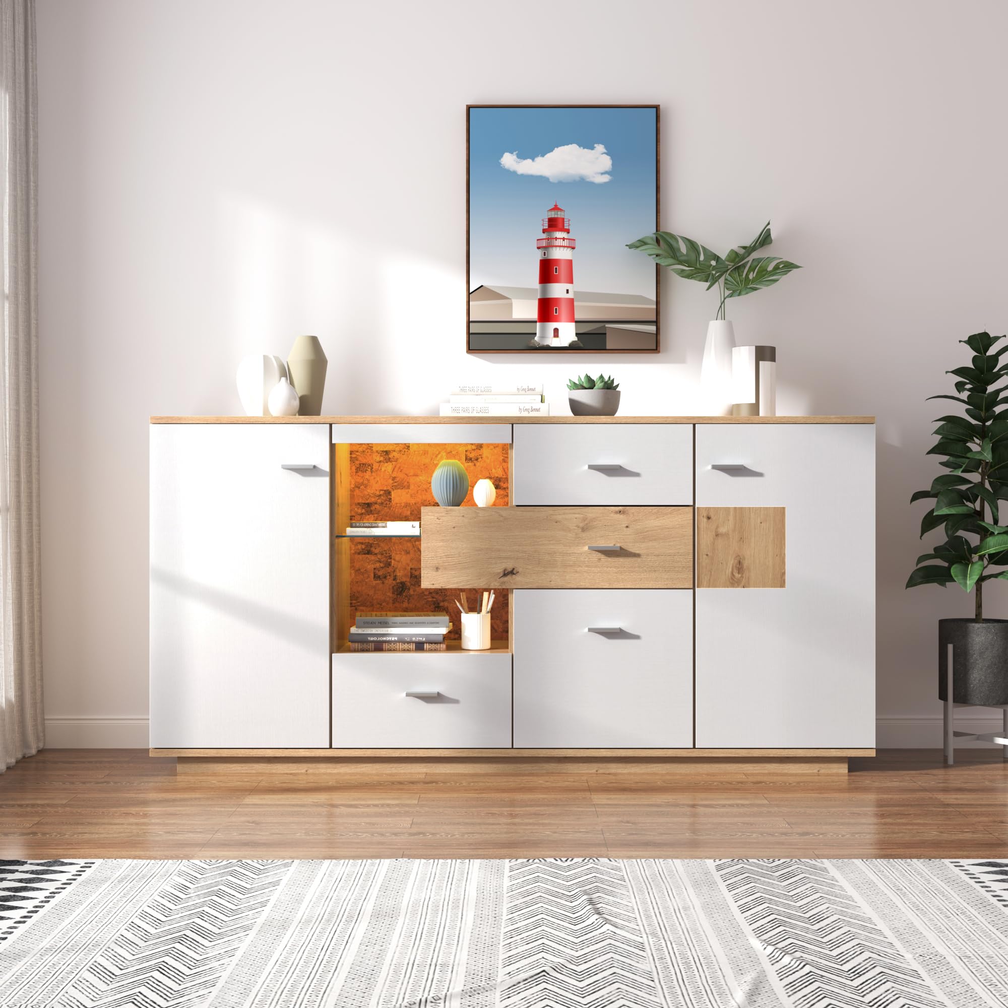 Rtopsu Mobile Contenitore Credenza con LED, Madia Mobile da Cucina con 2 Ante e 4 Cassetti, Mobile Dispensa Cucina Buffet da Cucina per Soggiorno Cucina Sala da Pranzo, 160x40x77 cm, Bianco & Natur