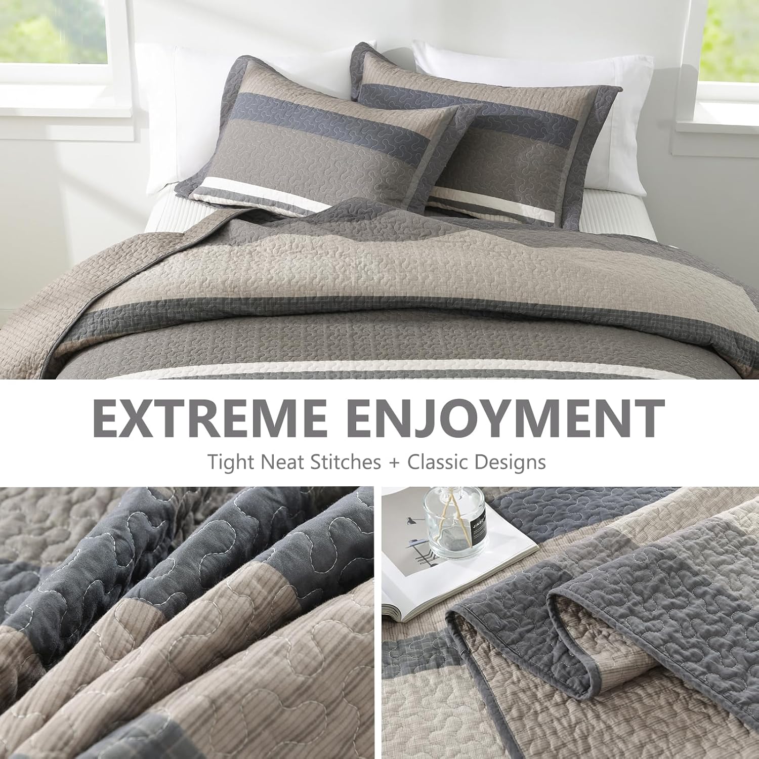 100% Cotton Quilts King Size, King Quilt Bedding Set Bedspread, Striped Quilt for King Bed, 3 Pieces Farmhouse Reversible Lightweight Comforter Bed Spread, Brown/Beige/Taupe - Image 6