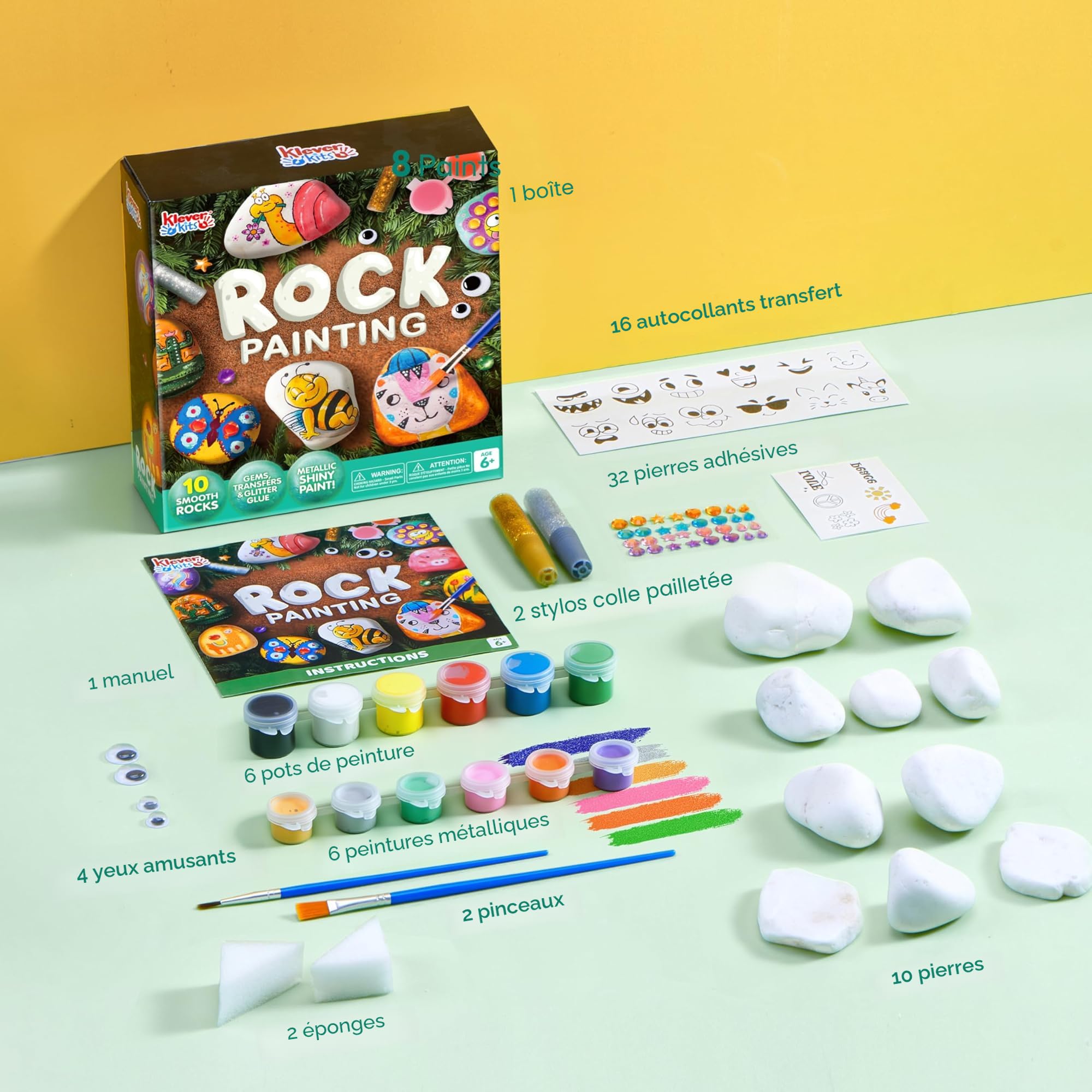 Kit De Peinture Sur Pierre TOSUTO – 12 Galets + 2 Pierres Lumineuses – 24 Peintures – Dès 3 Ans