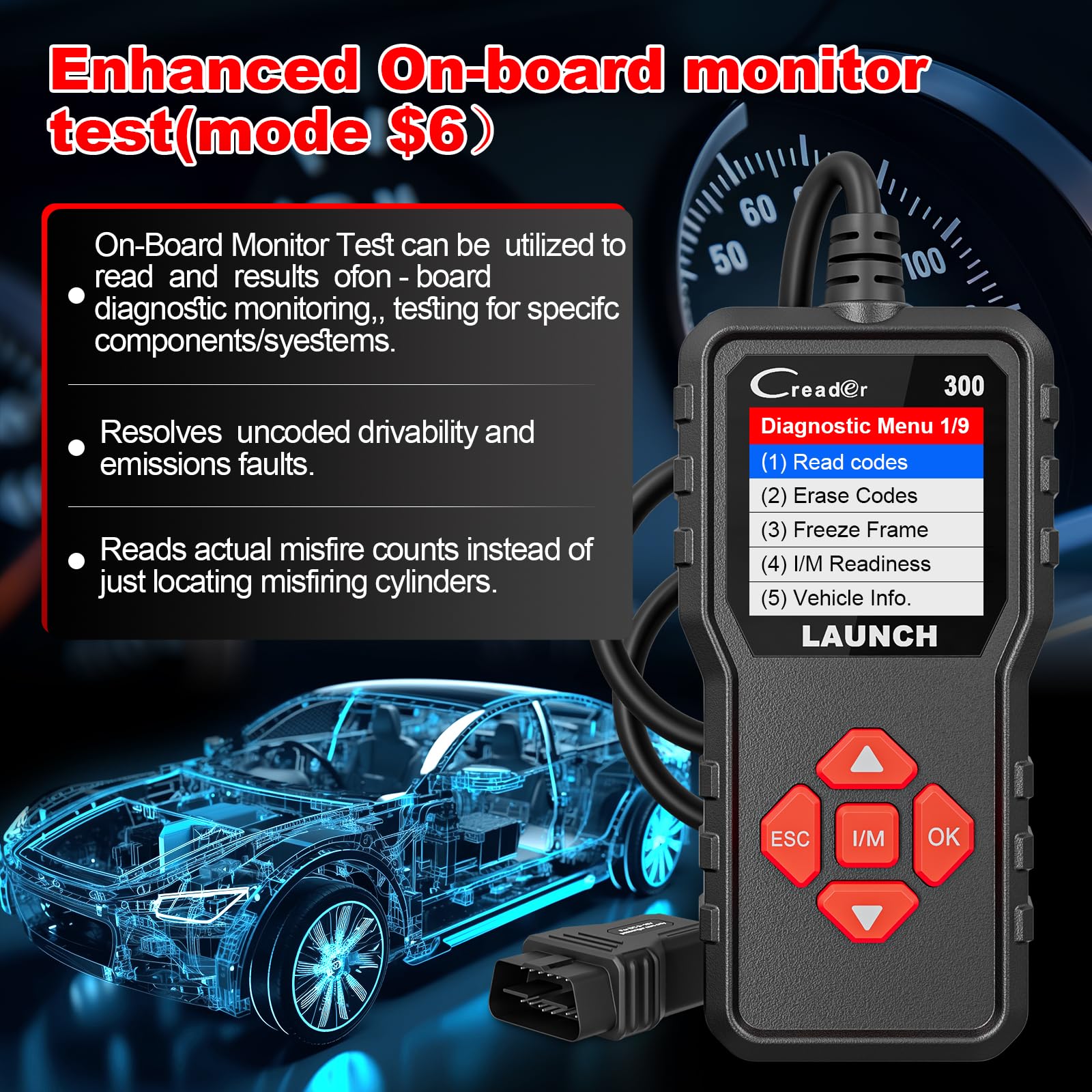 Lancio Creader 300 OBD2 scanner, lettore di codice di guasto del motore, supporta il flusso di dati di lettura, scanner per tutte le auto protocollo OBDII dal 1996, aggiornamento gratuito