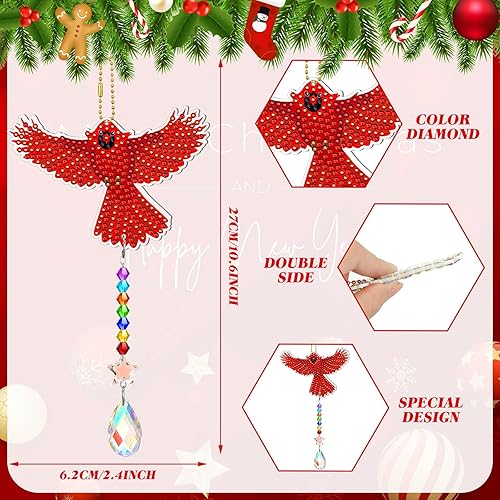 Miniatura 3 de Tradder Juego de 6 piezas de arte de diamantes para adultos, campanillas de viento, atrapasoles de doble cara, adornos cardenales de pájaro con