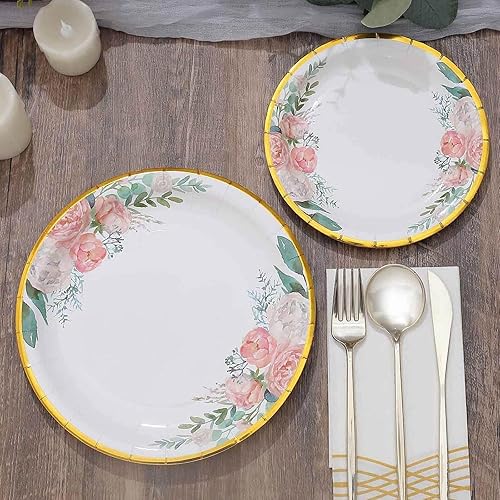 Miniatura 6 de Efavormart - Paquete de 25 platos de postre de papel con borde dorado blanco elegante de 7 pulgadas, platos desechables para ensalada